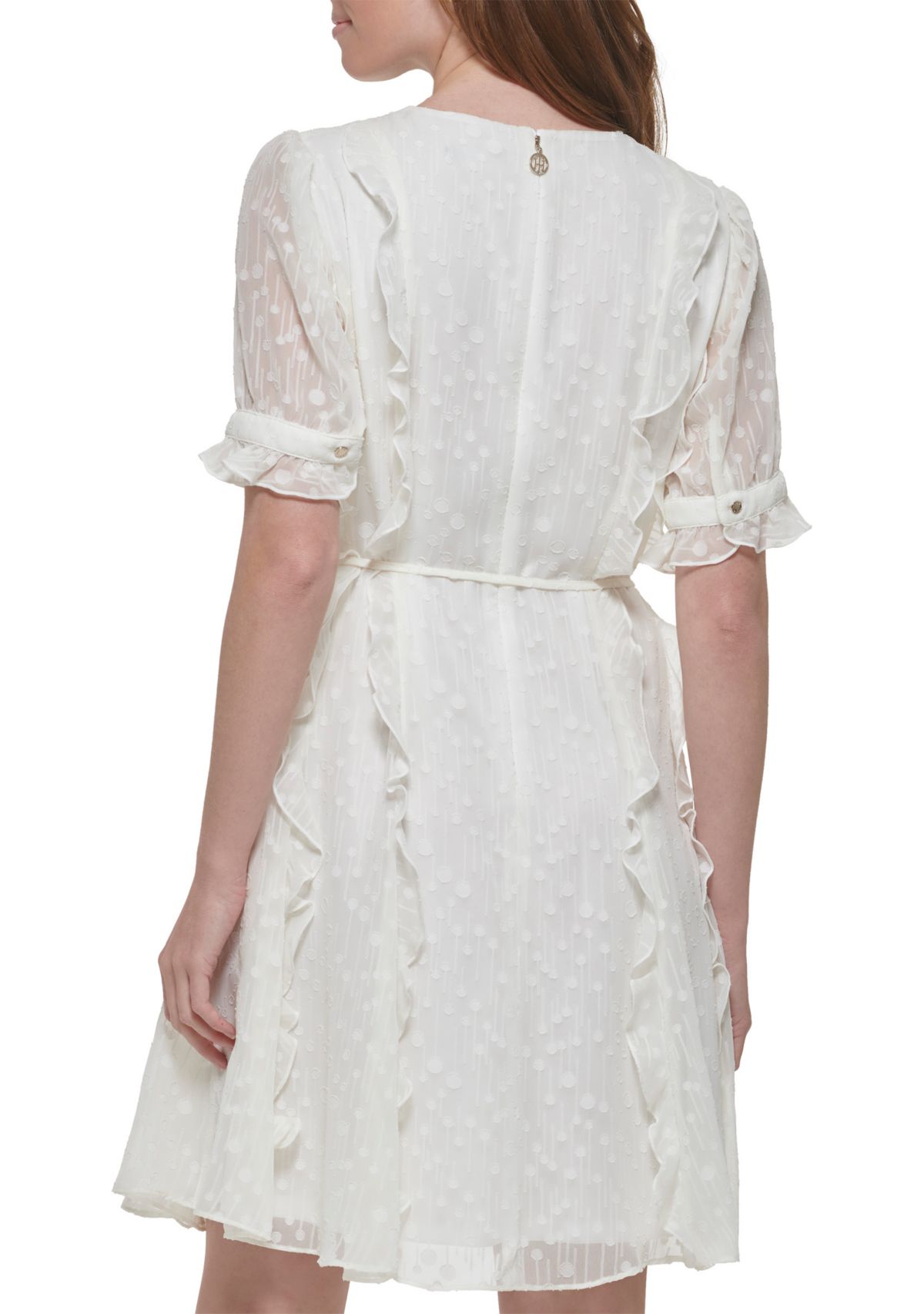 Womens Short Sleeve Ruffle Clip Dot Fit and Flare Dress