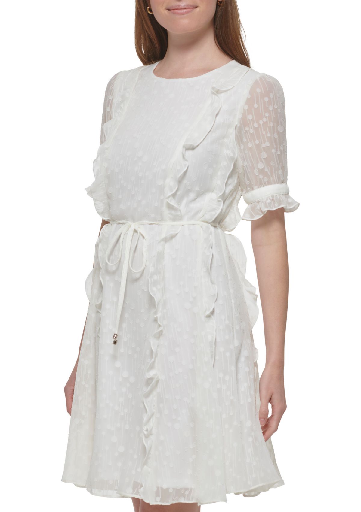 Womens Short Sleeve Ruffle Clip Dot Fit and Flare Dress