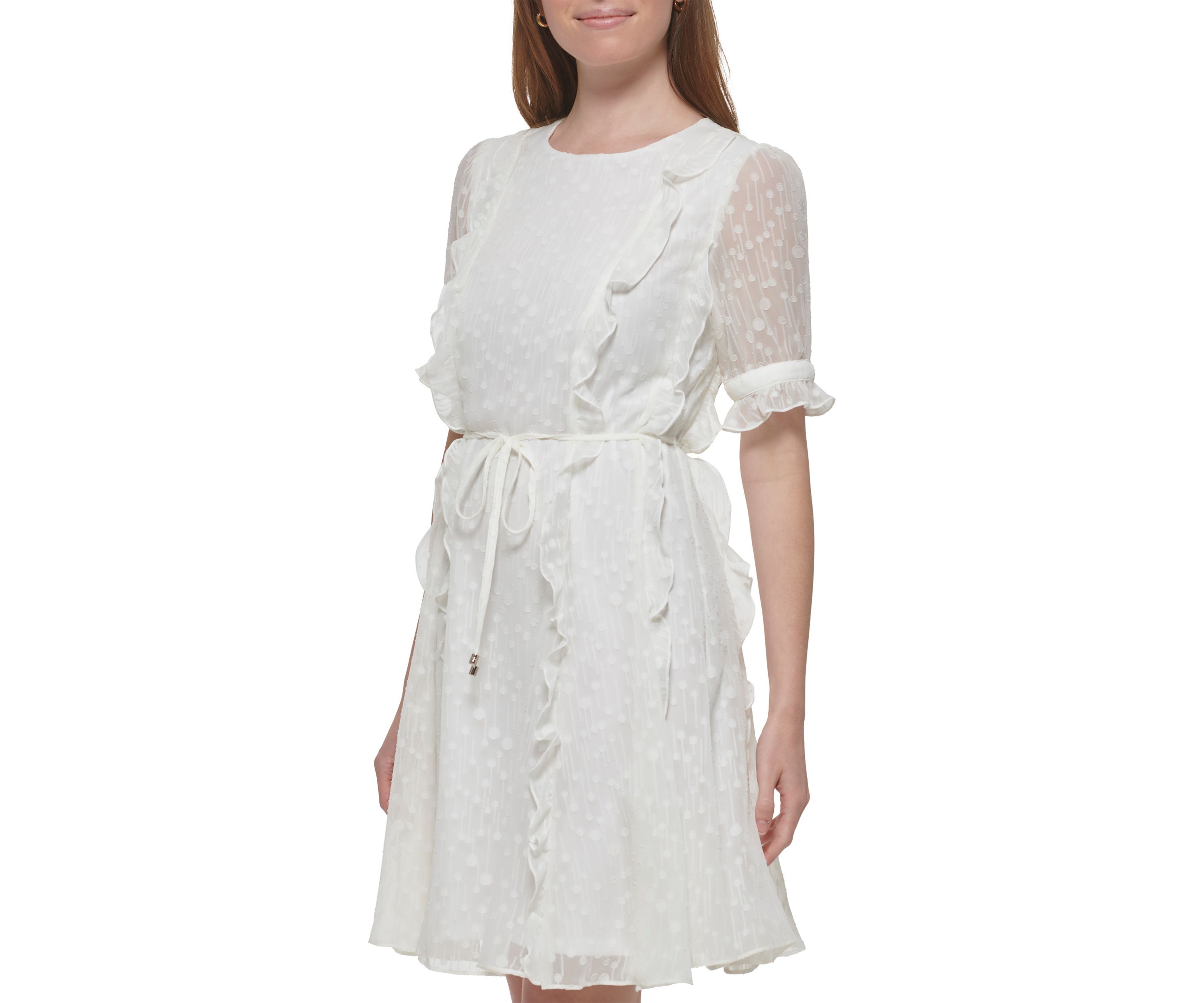 Womens Short Sleeve Ruffle Clip Dot Fit and Flare Dress