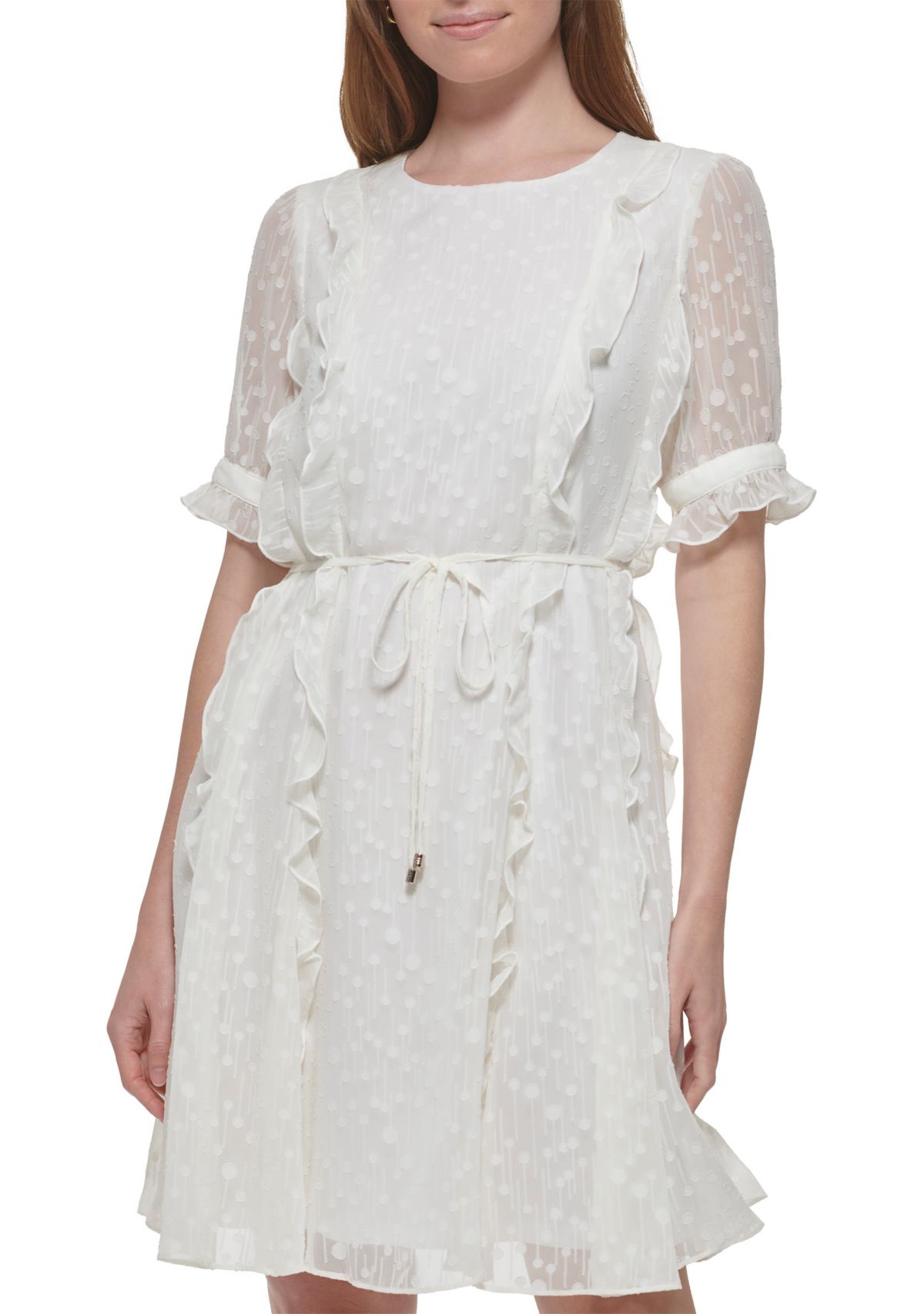 Womens Short Sleeve Ruffle Clip Dot Fit and Flare Dress