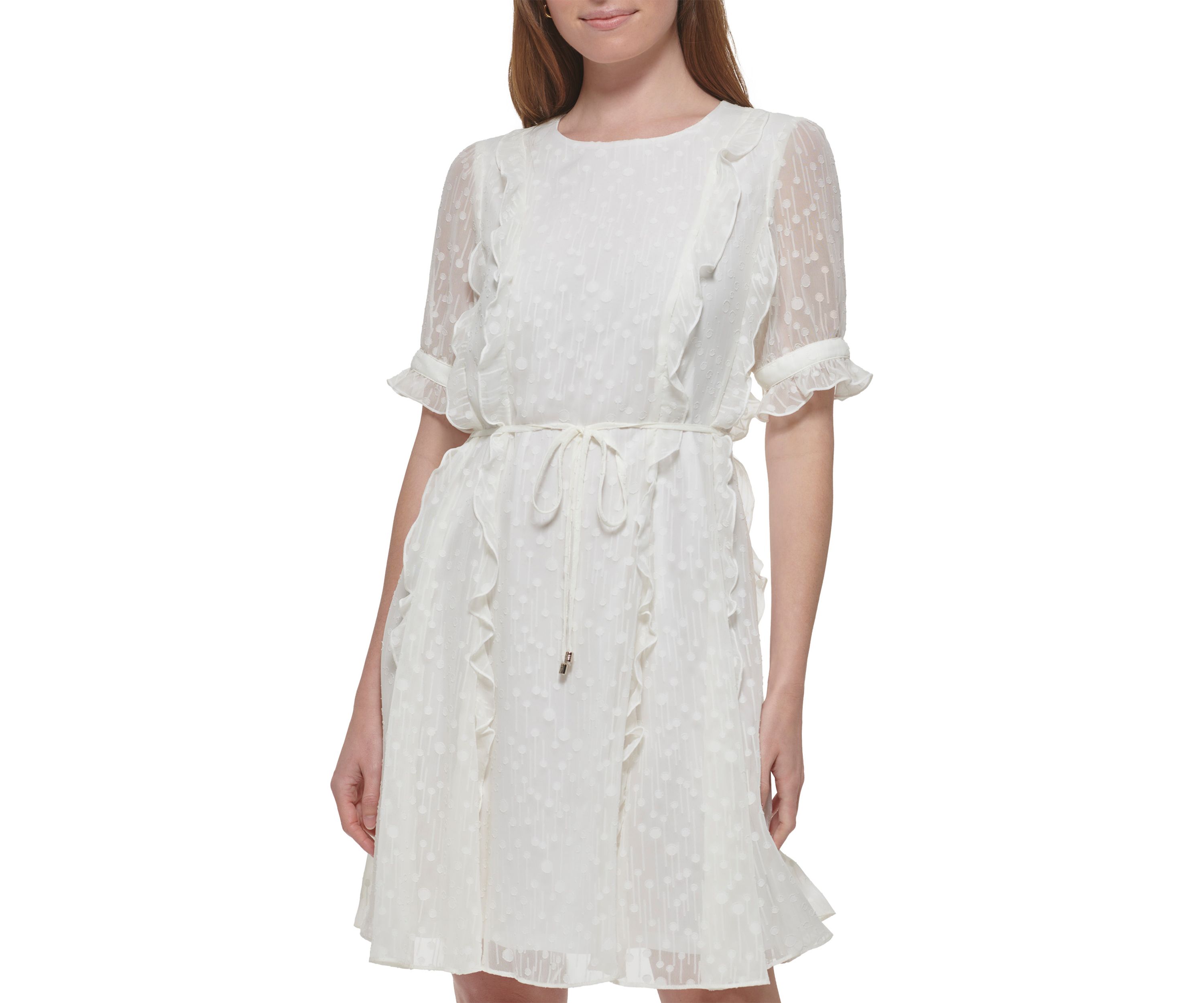 Womens Short Sleeve Ruffle Clip Dot Fit and Flare Dress