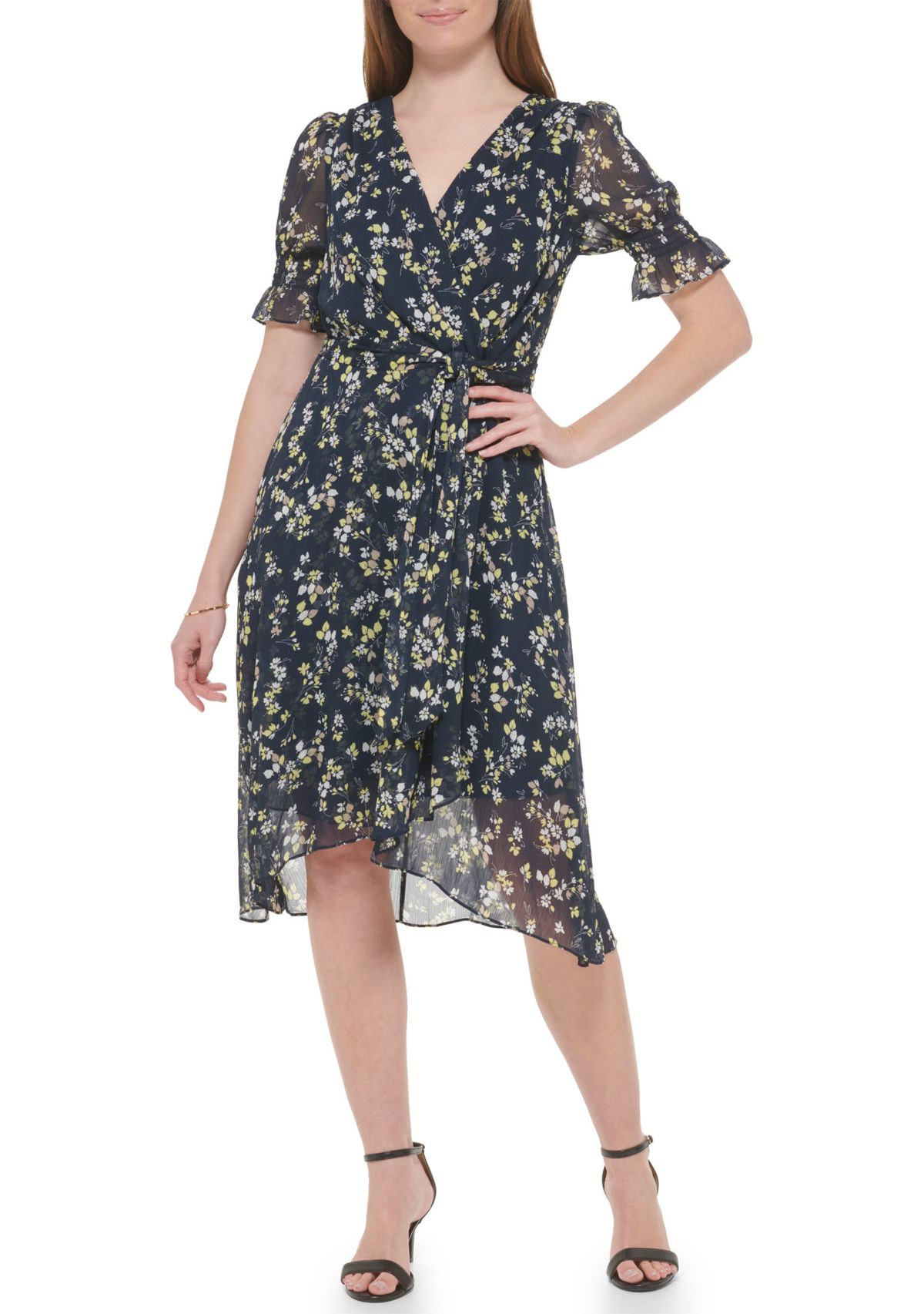 Womens Short Sleeve Surplice Floral Chiffon Wrap Dress