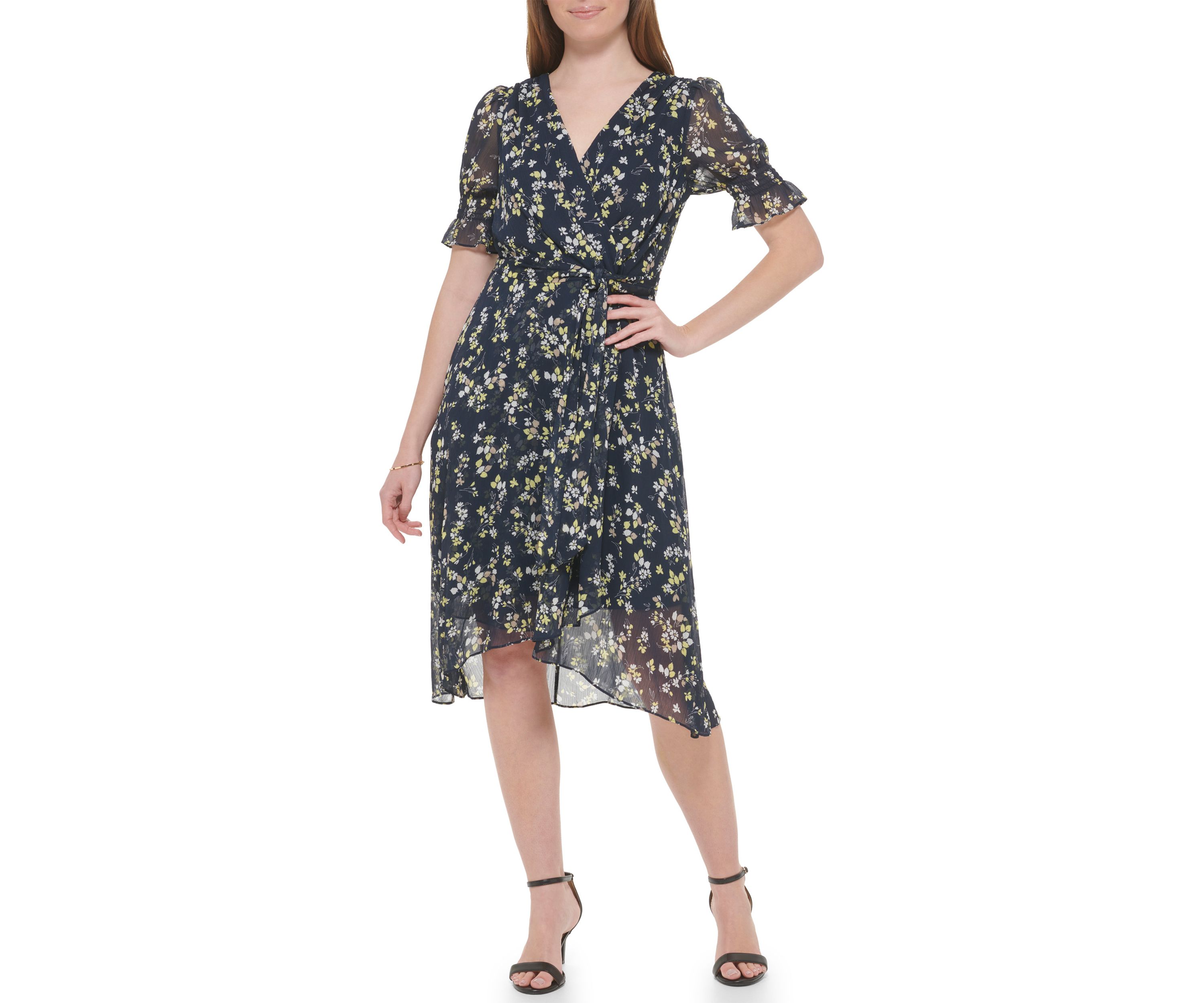 Womens Short Sleeve Surplice Floral Chiffon Wrap Dress