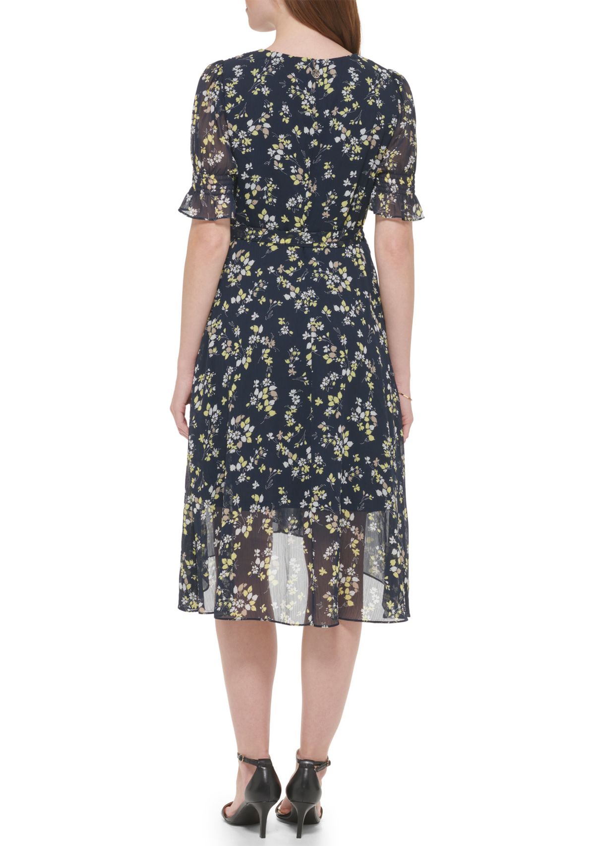 Womens Short Sleeve Surplice Floral Chiffon Wrap Dress