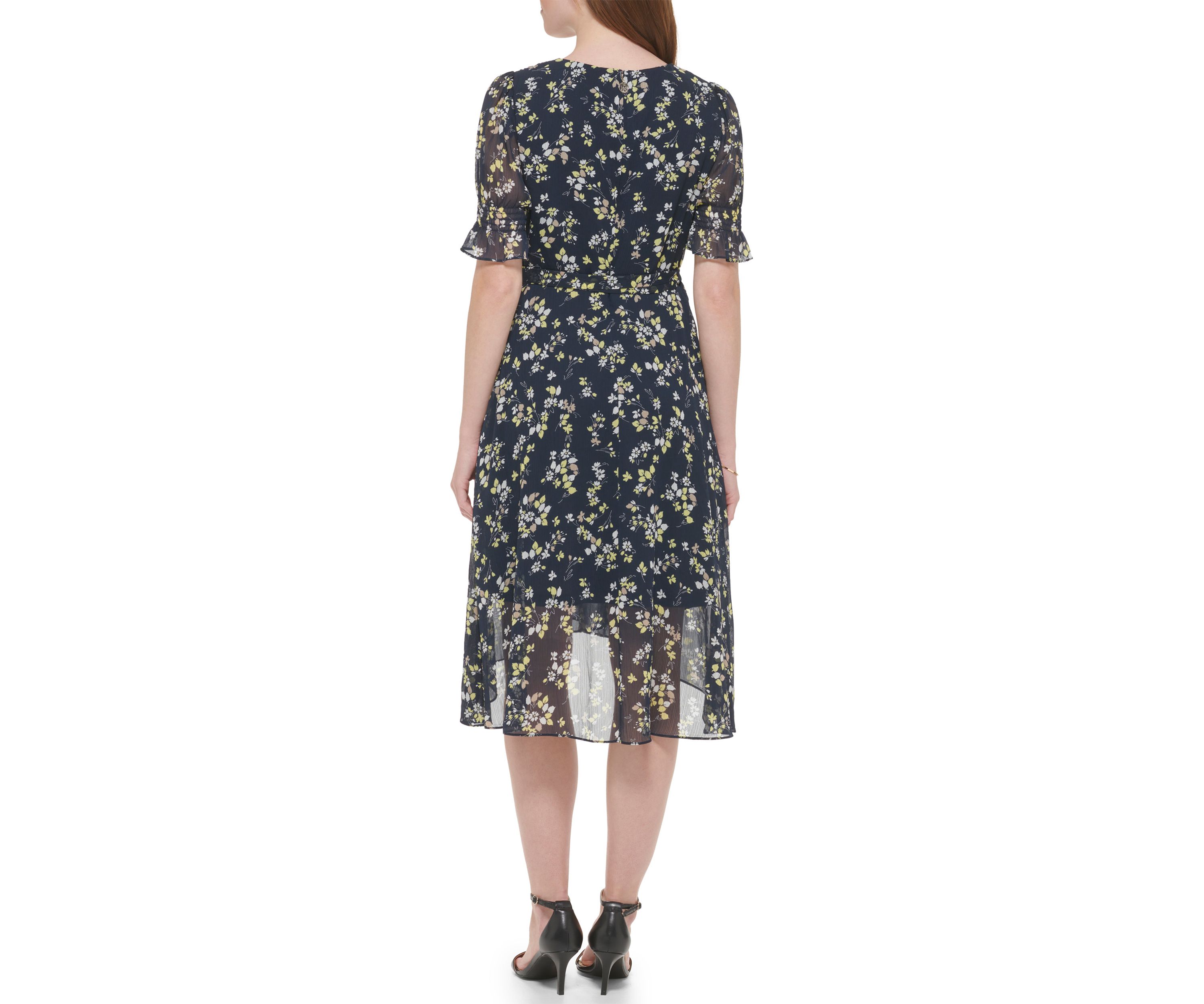Womens Short Sleeve Surplice Floral Chiffon Wrap Dress