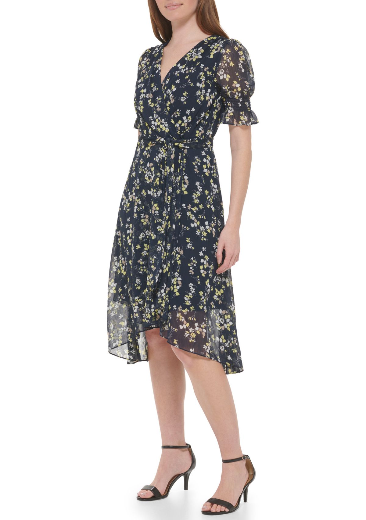 Womens Short Sleeve Surplice Floral Chiffon Wrap Dress