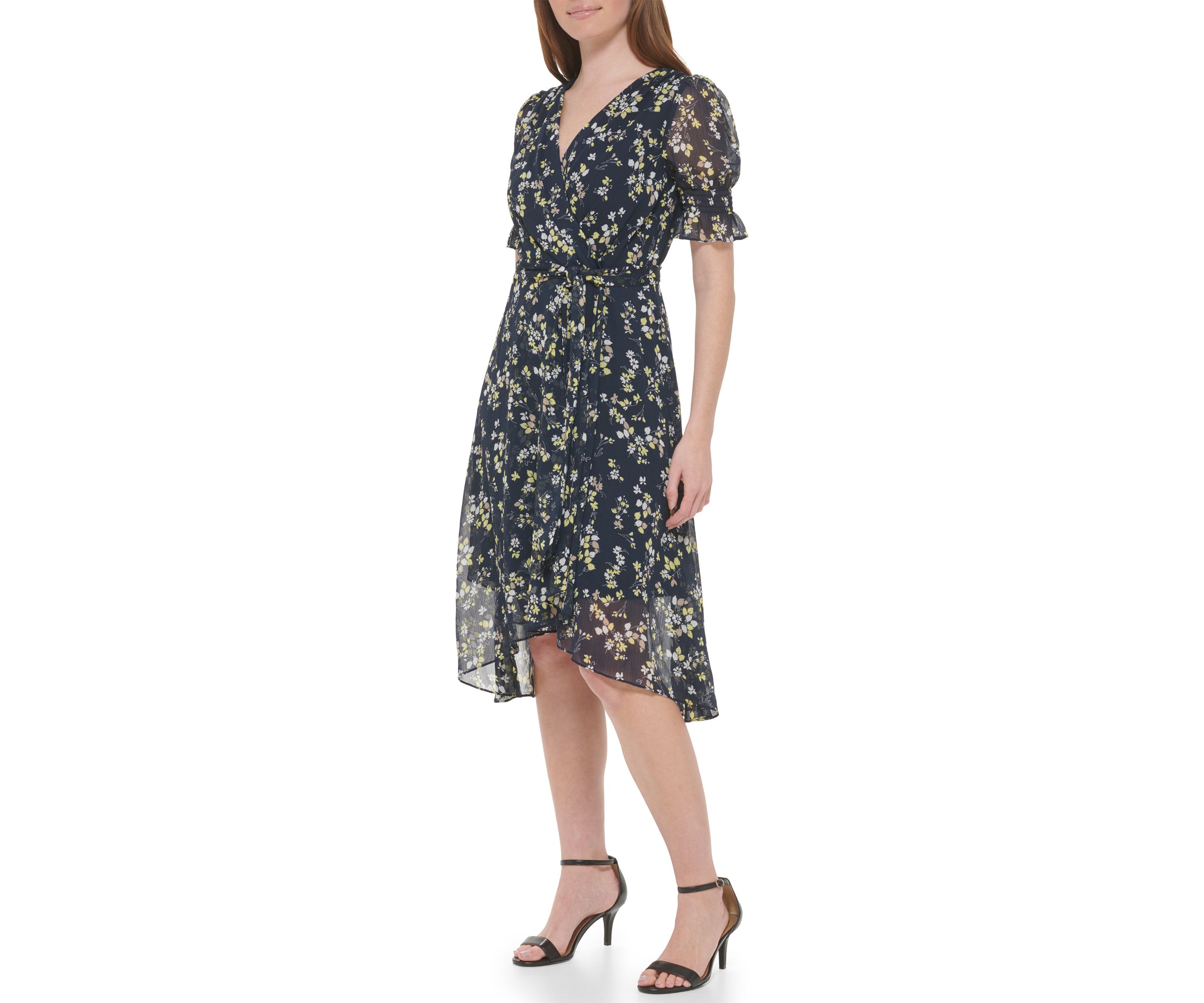 Womens Short Sleeve Surplice Floral Chiffon Wrap Dress