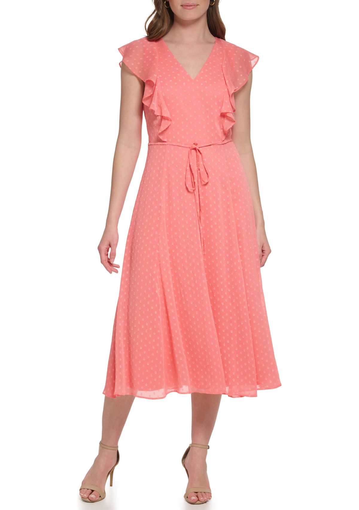 Womens Short Flutter Sleeve Dotted Ruffle Midi Dress