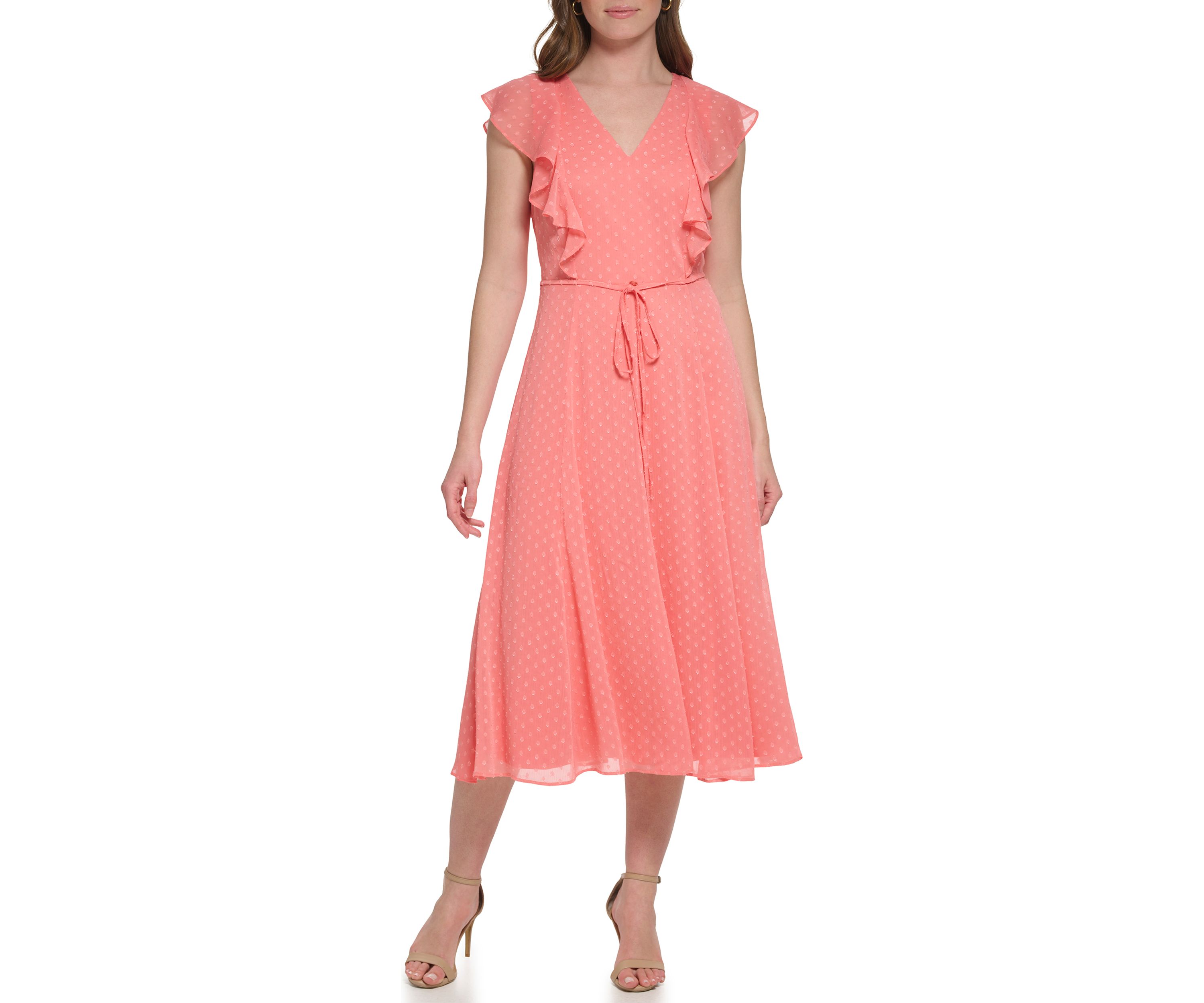 Womens Short Flutter Sleeve Dotted Ruffle Midi Dress