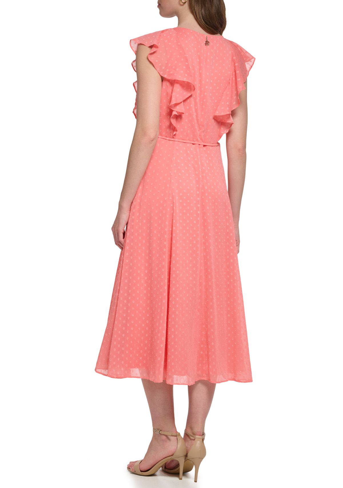 Womens Short Flutter Sleeve Dotted Ruffle Midi Dress