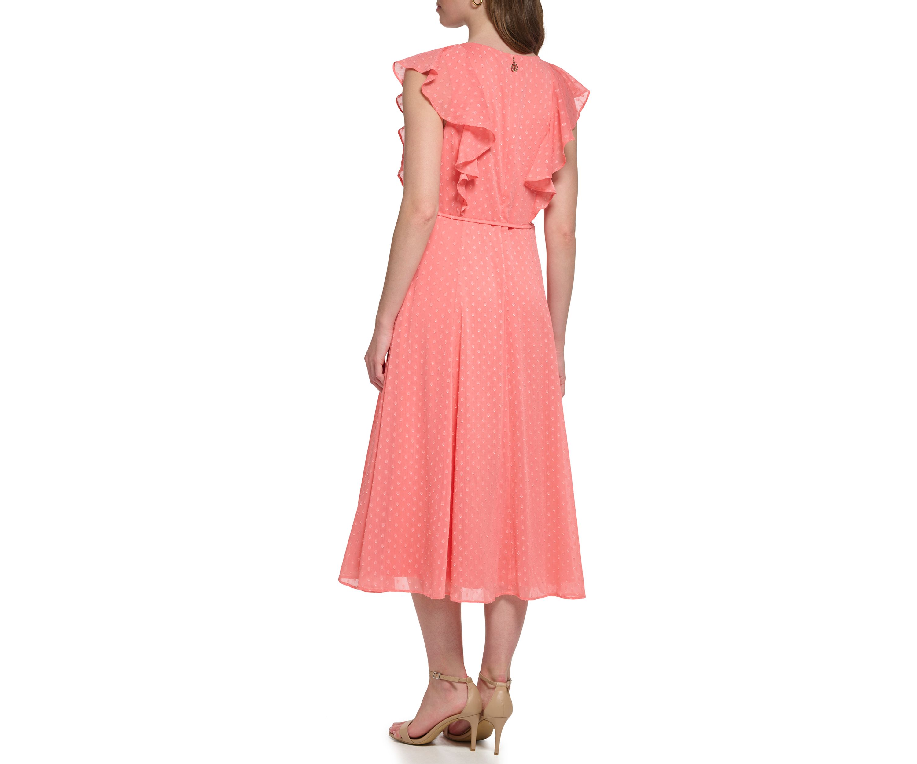 Womens Short Flutter Sleeve Dotted Ruffle Midi Dress