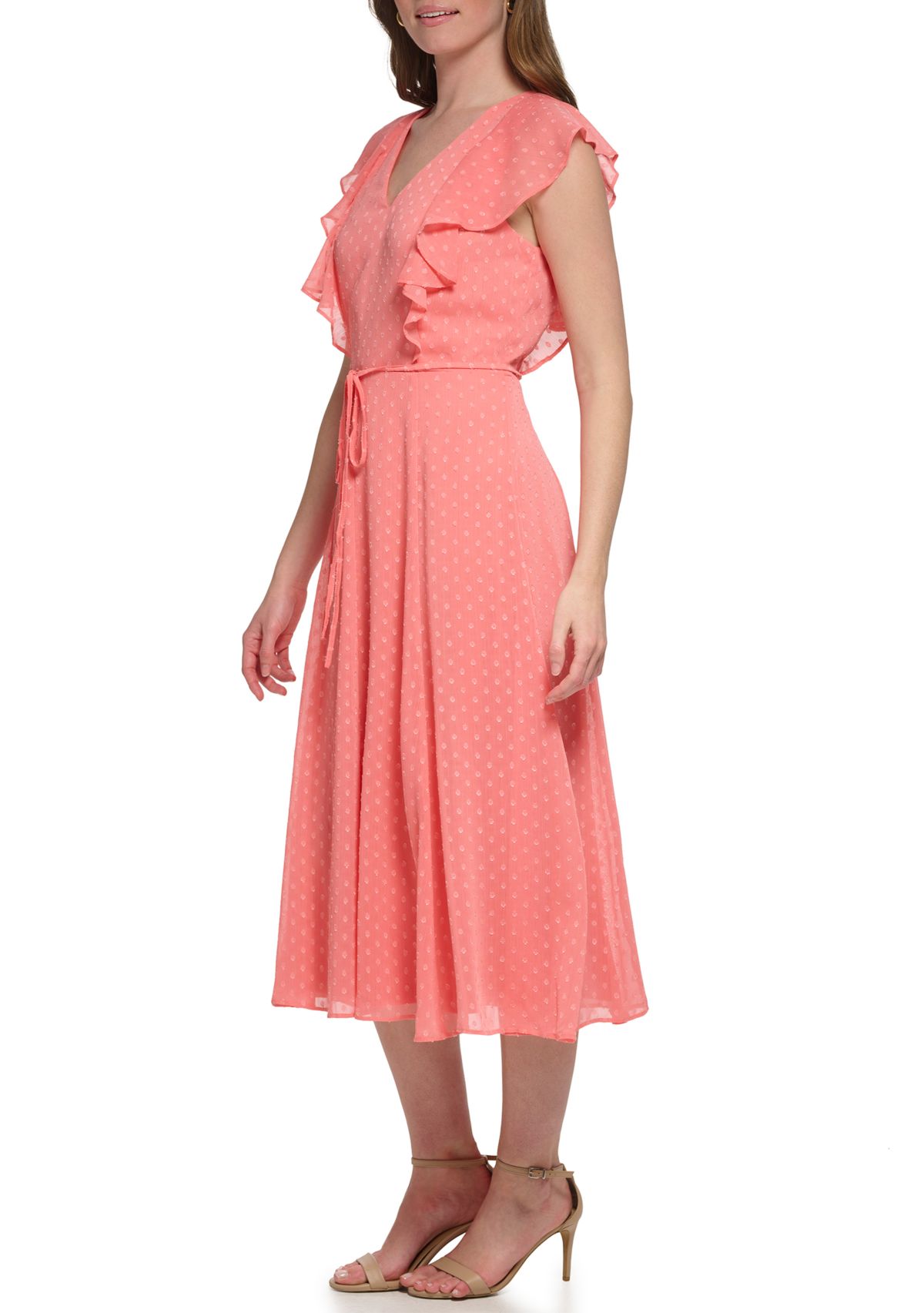 Womens Short Flutter Sleeve Dotted Ruffle Midi Dress