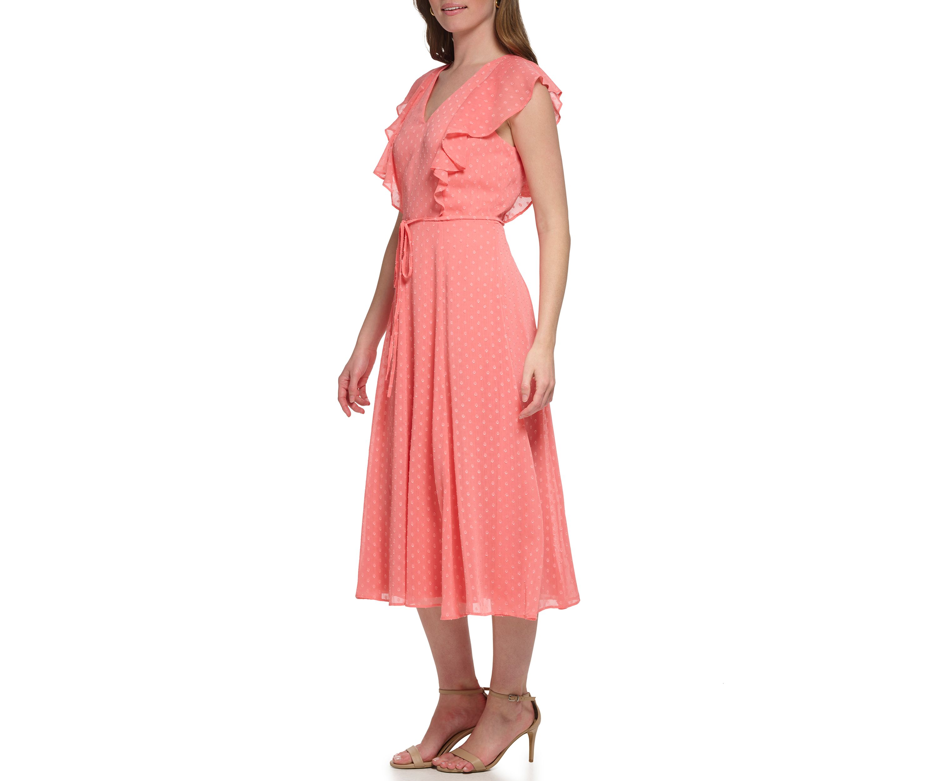 Womens Short Flutter Sleeve Dotted Ruffle Midi Dress