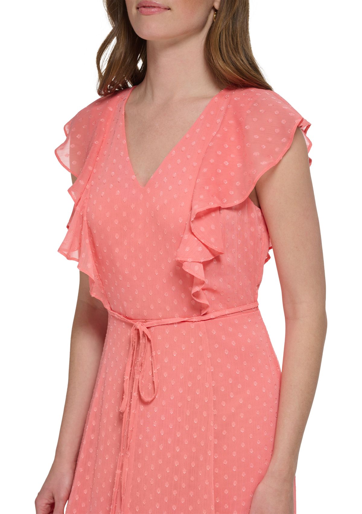 Womens Short Flutter Sleeve Dotted Ruffle Midi Dress