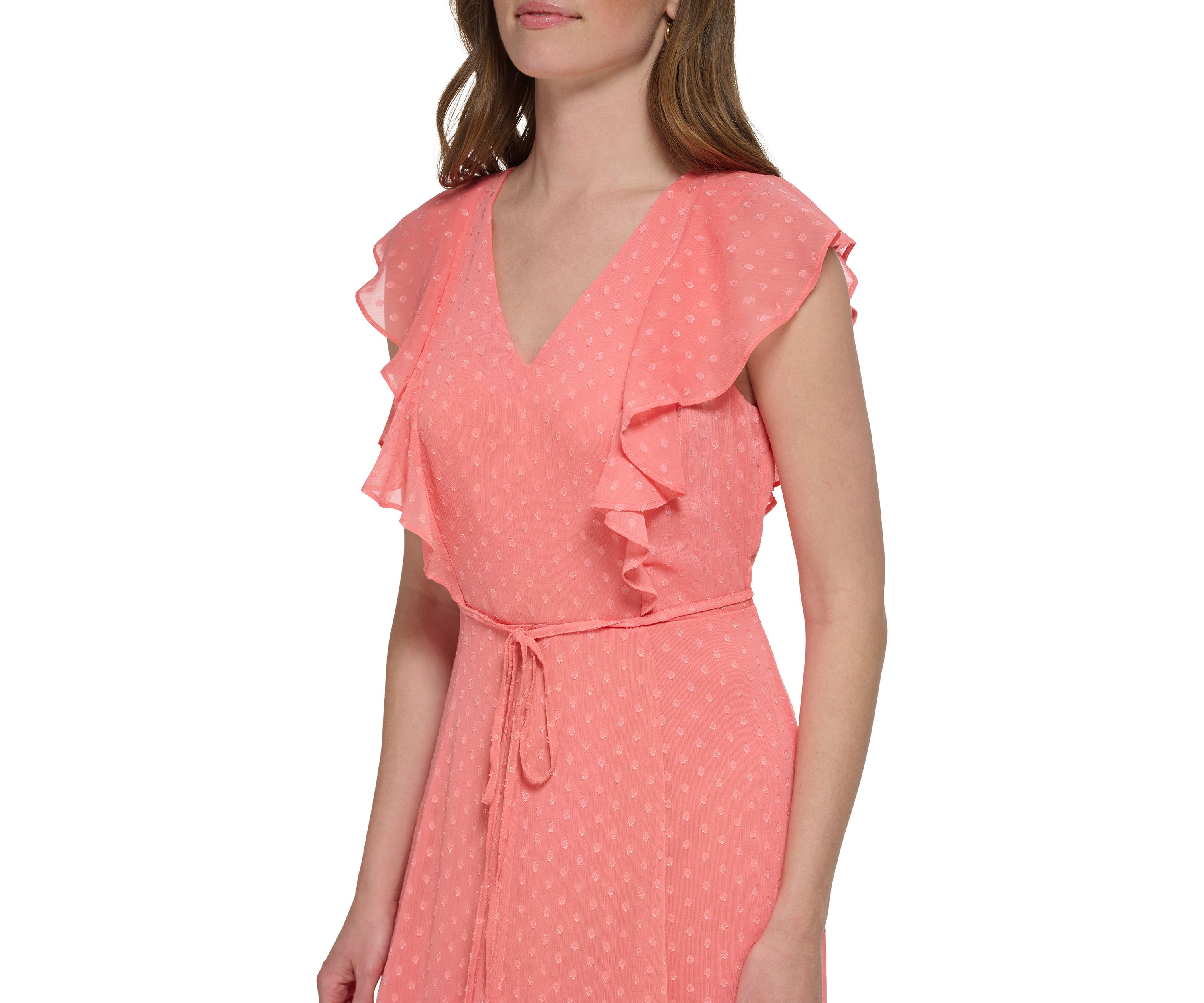 Womens Short Flutter Sleeve Dotted Ruffle Midi Dress