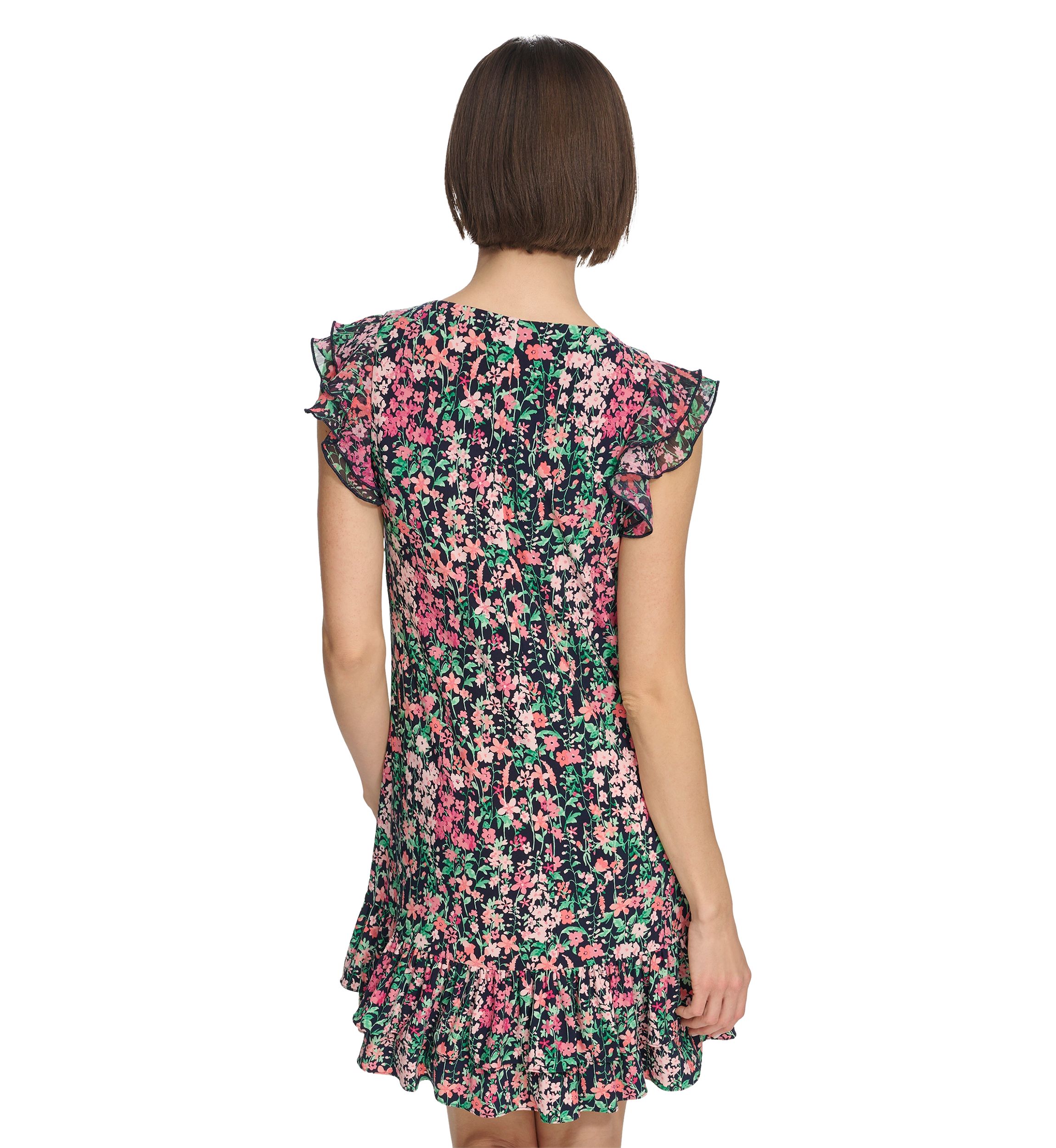 Womens Floral Shift Dress with Flutter Sleeves and Hem