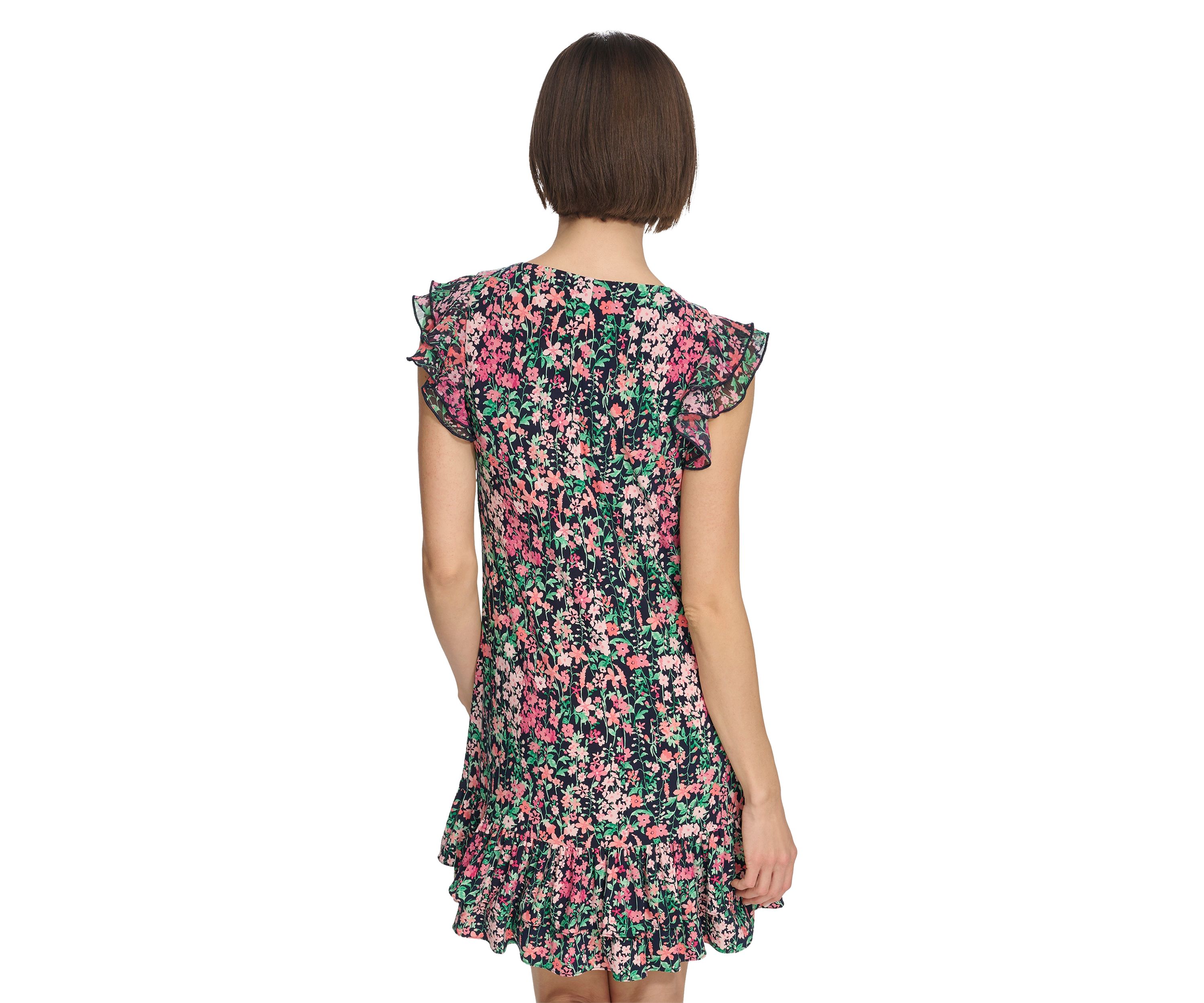 Womens Floral Shift Dress with Flutter Sleeves and Hem