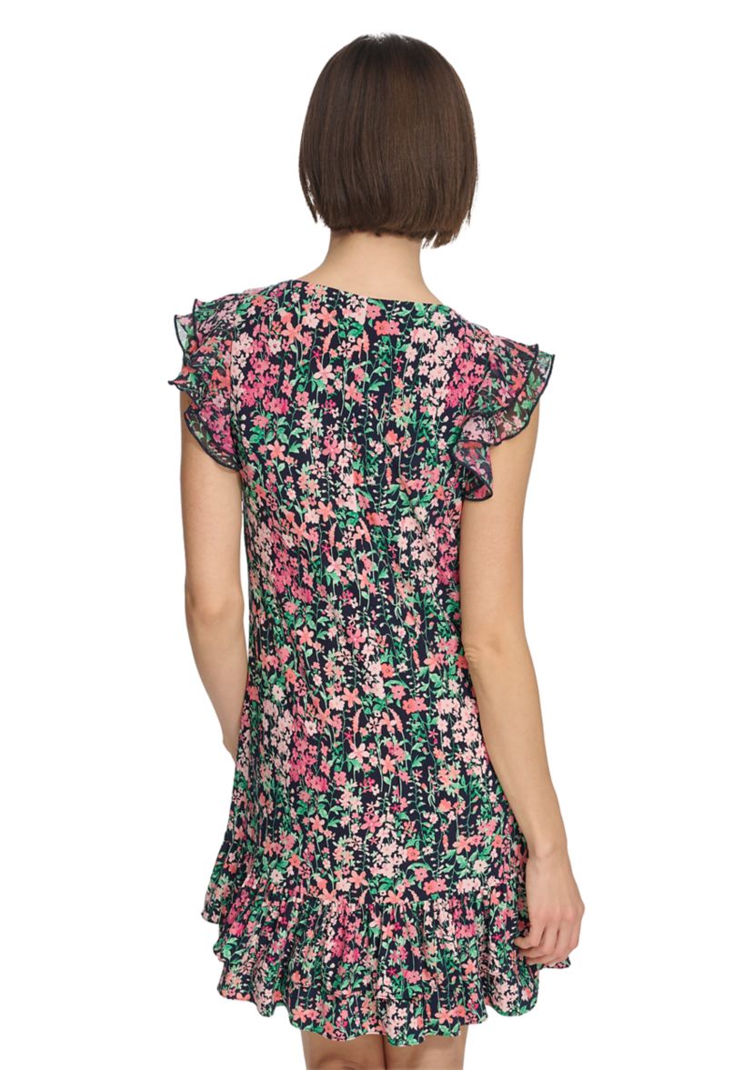 Womens Floral Shift Dress with Flutter Sleeves and Hem