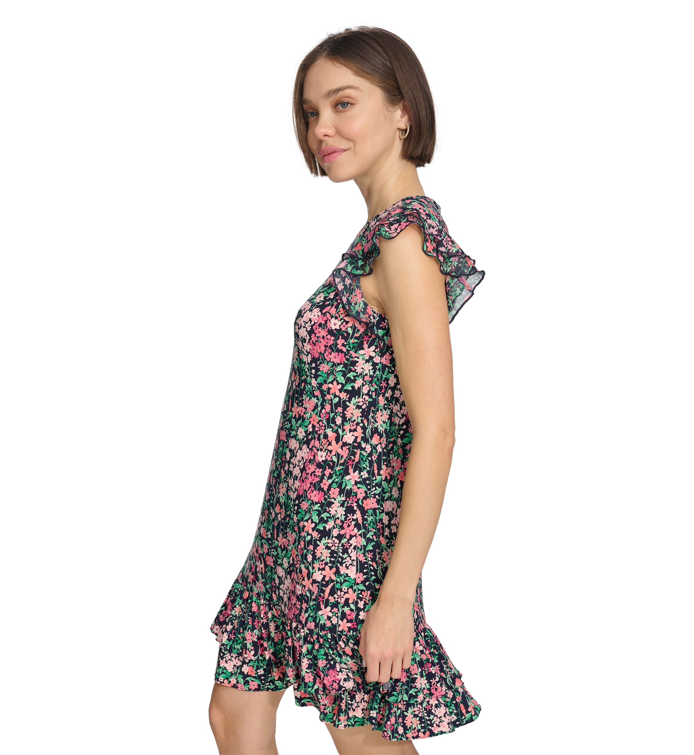 Womens Floral Shift Dress with Flutter Sleeves and Hem