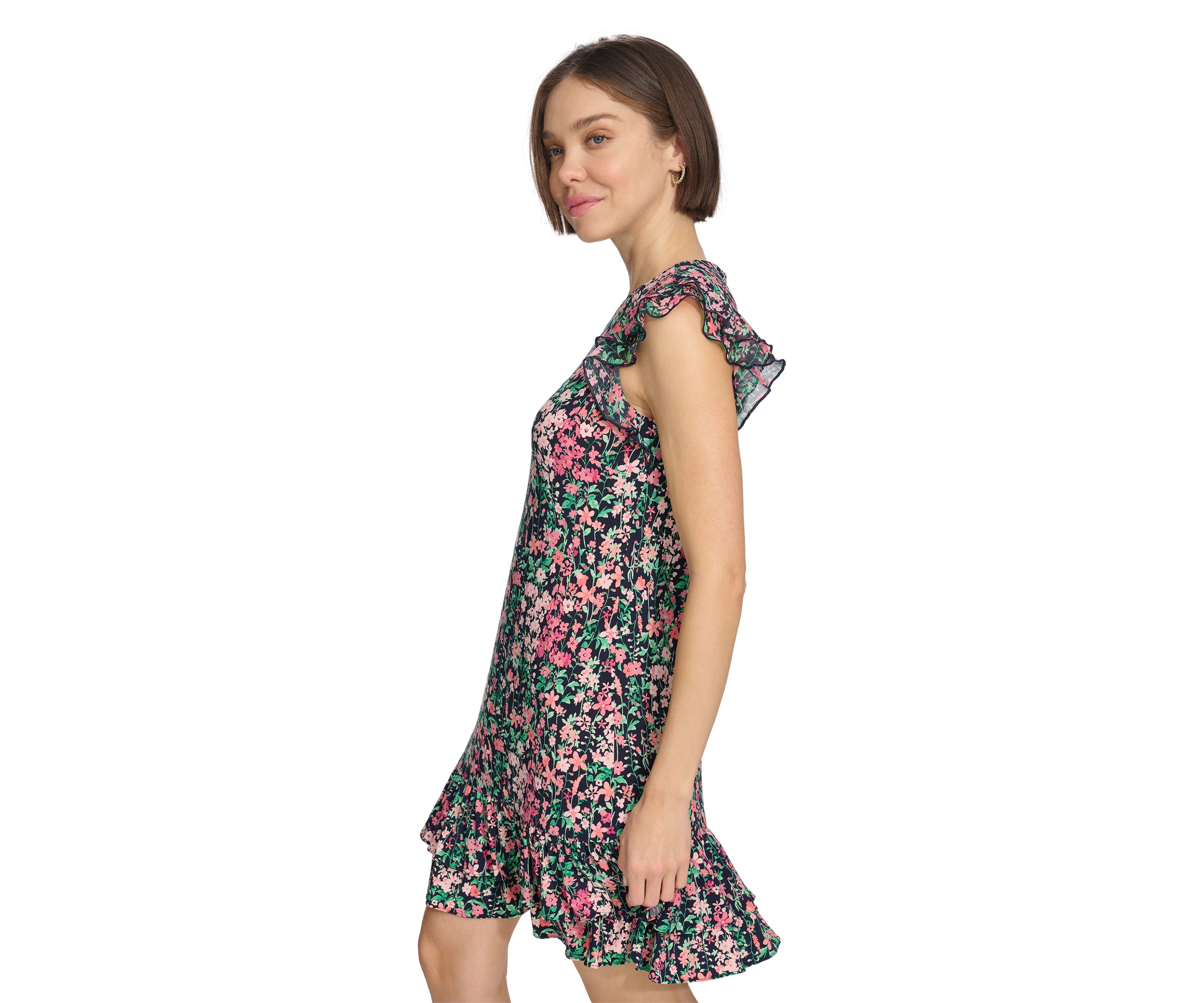 Womens Floral Shift Dress with Flutter Sleeves and Hem