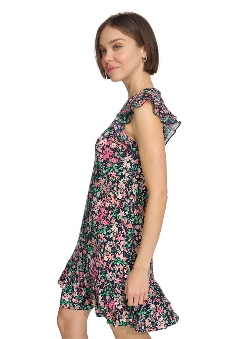 Womens Floral Shift Dress with Flutter Sleeves and Hem