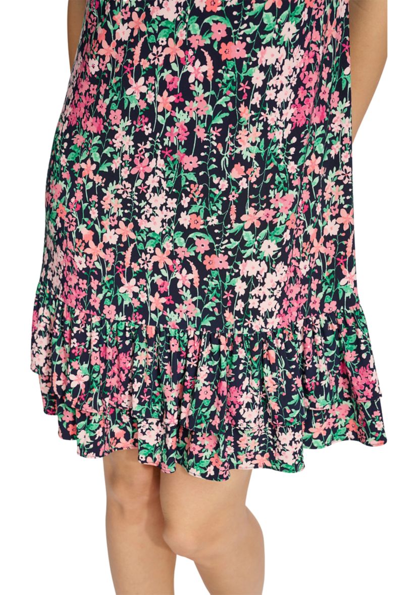 Womens Floral Shift Dress with Flutter Sleeves and Hem