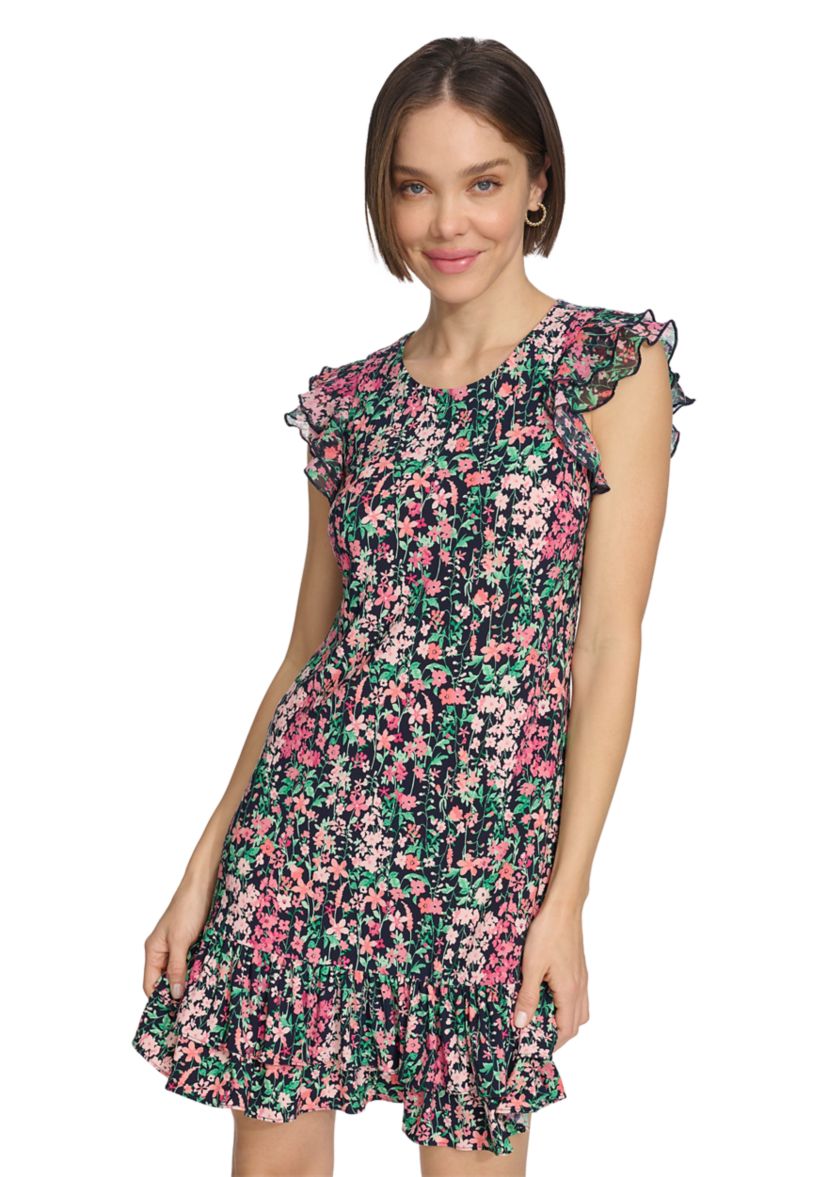 Womens Floral Shift Dress with Flutter Sleeves and Hem