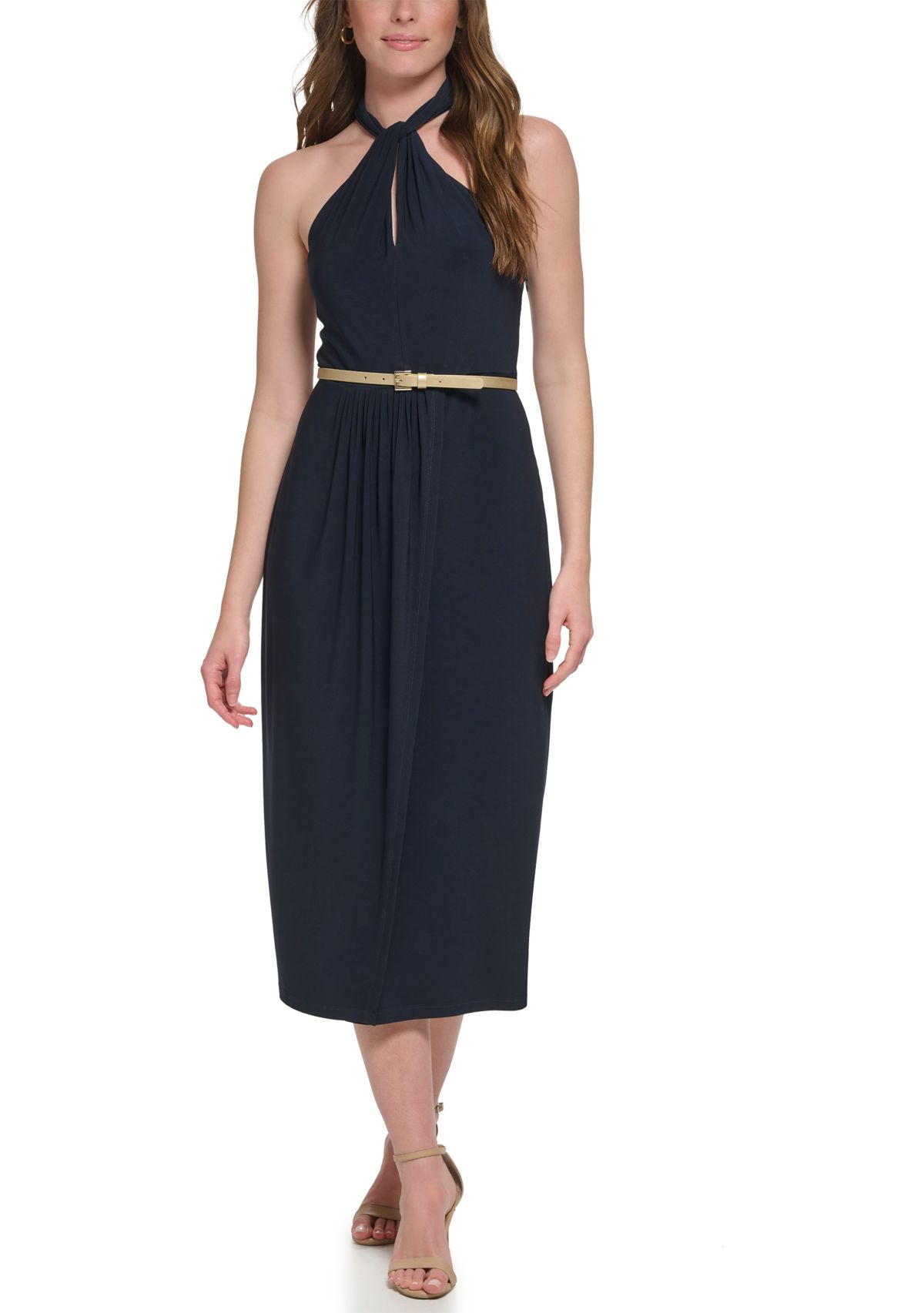 Womens Sleeveless Halter Neck Belted Fit and Flare Dress