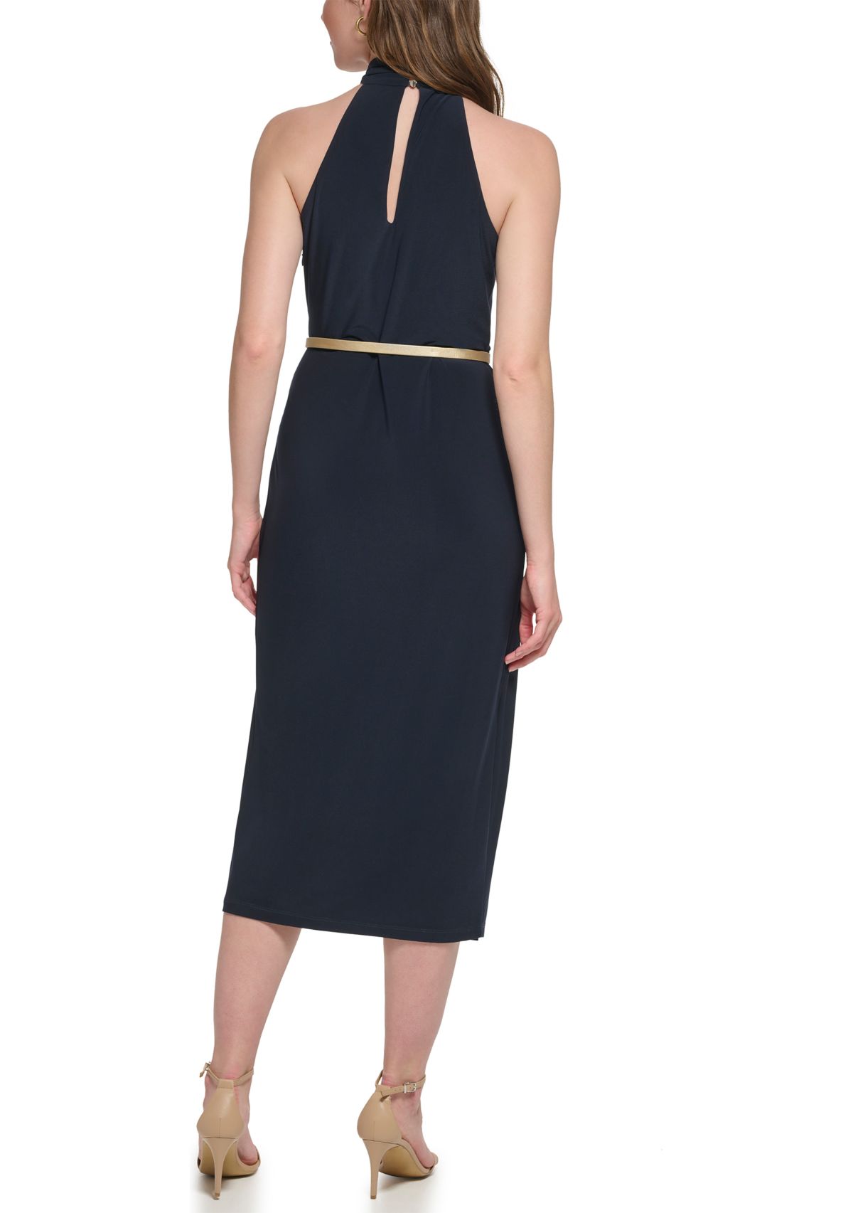 Womens Sleeveless Halter Neck Belted Fit and Flare Dress