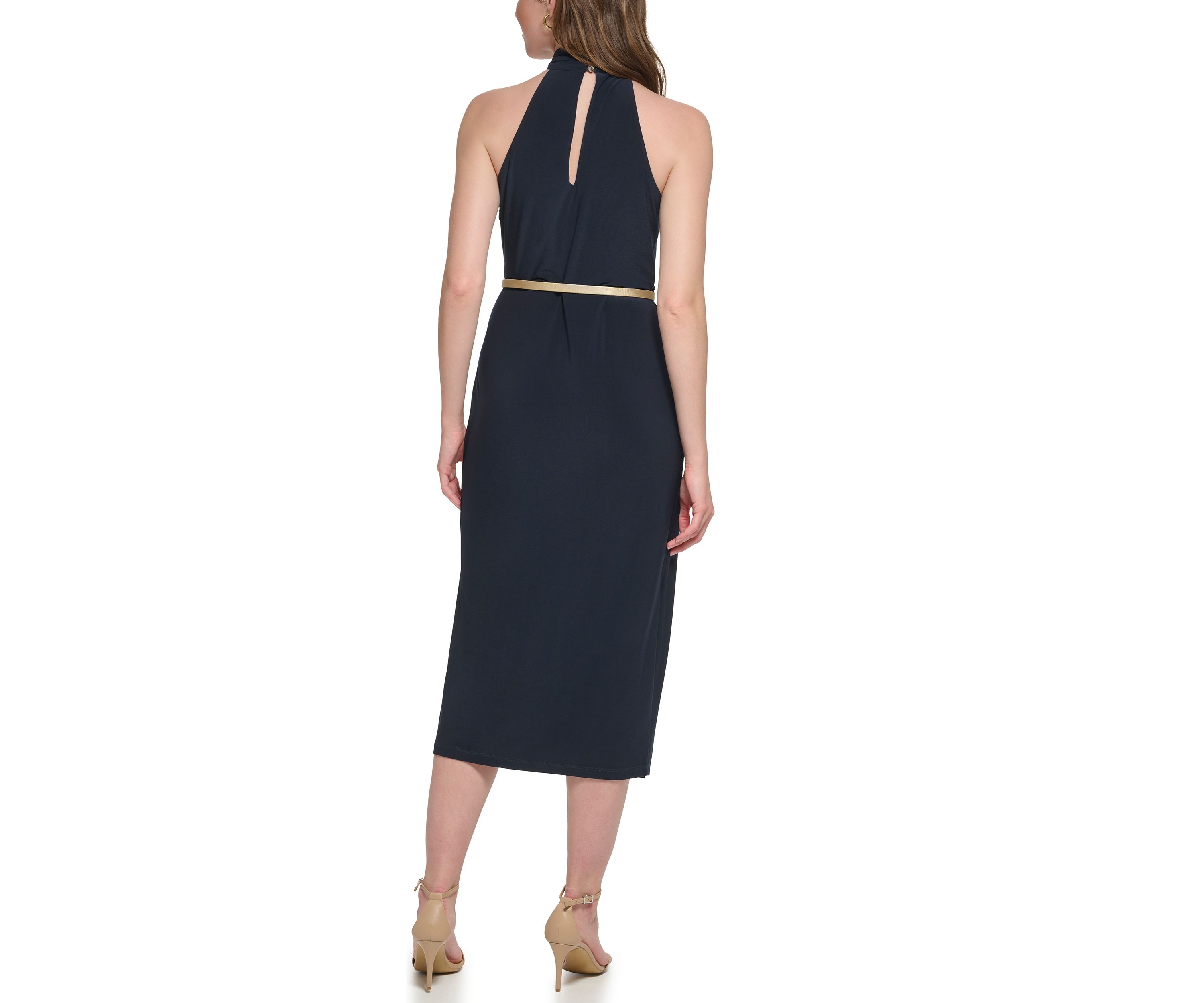 Womens Sleeveless Halter Neck Belted Fit and Flare Dress