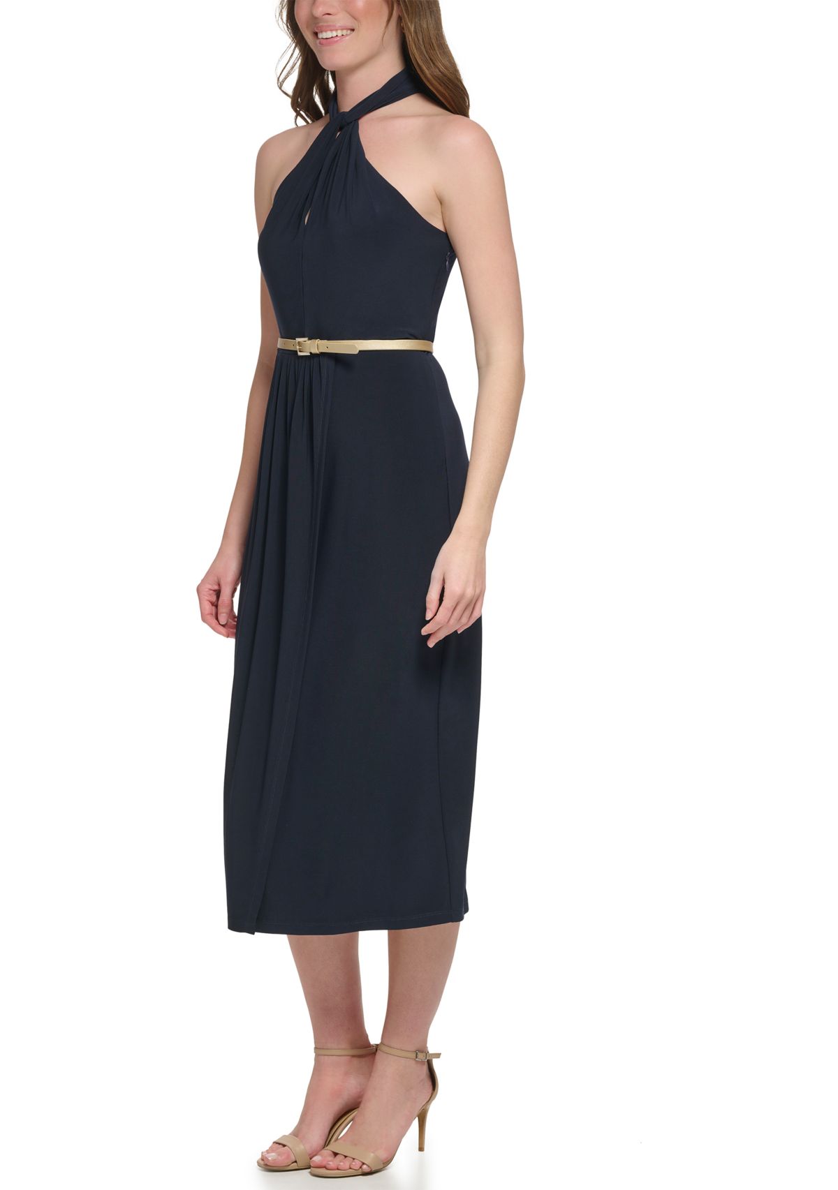 Womens Sleeveless Halter Neck Belted Fit and Flare Dress