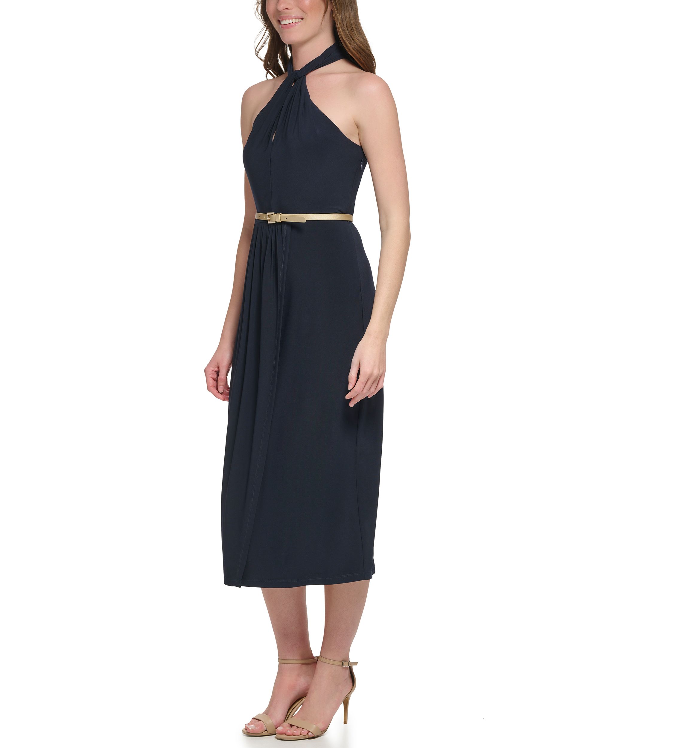 Womens Sleeveless Halter Neck Belted Fit and Flare Dress