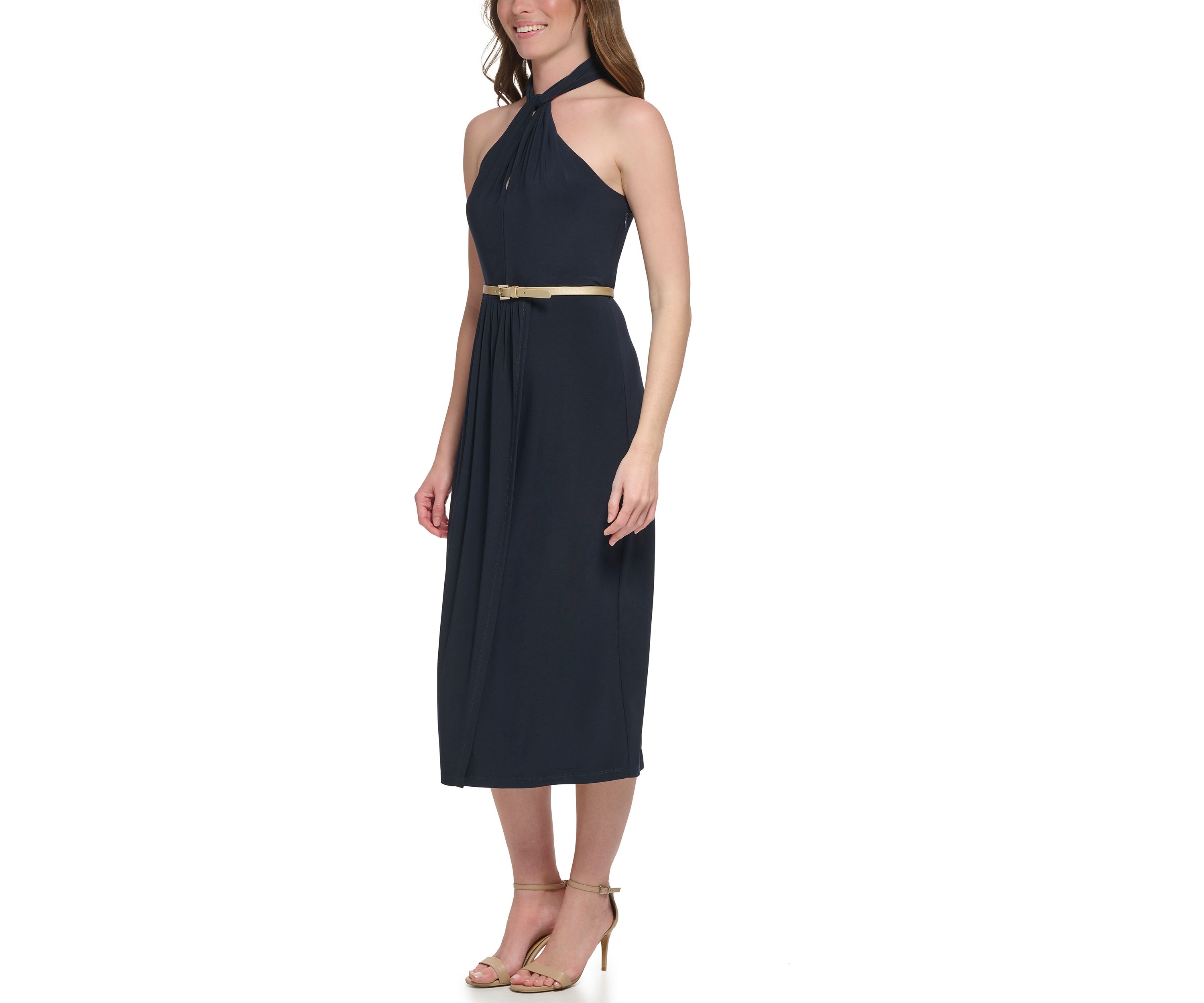 Womens Sleeveless Halter Neck Belted Fit and Flare Dress