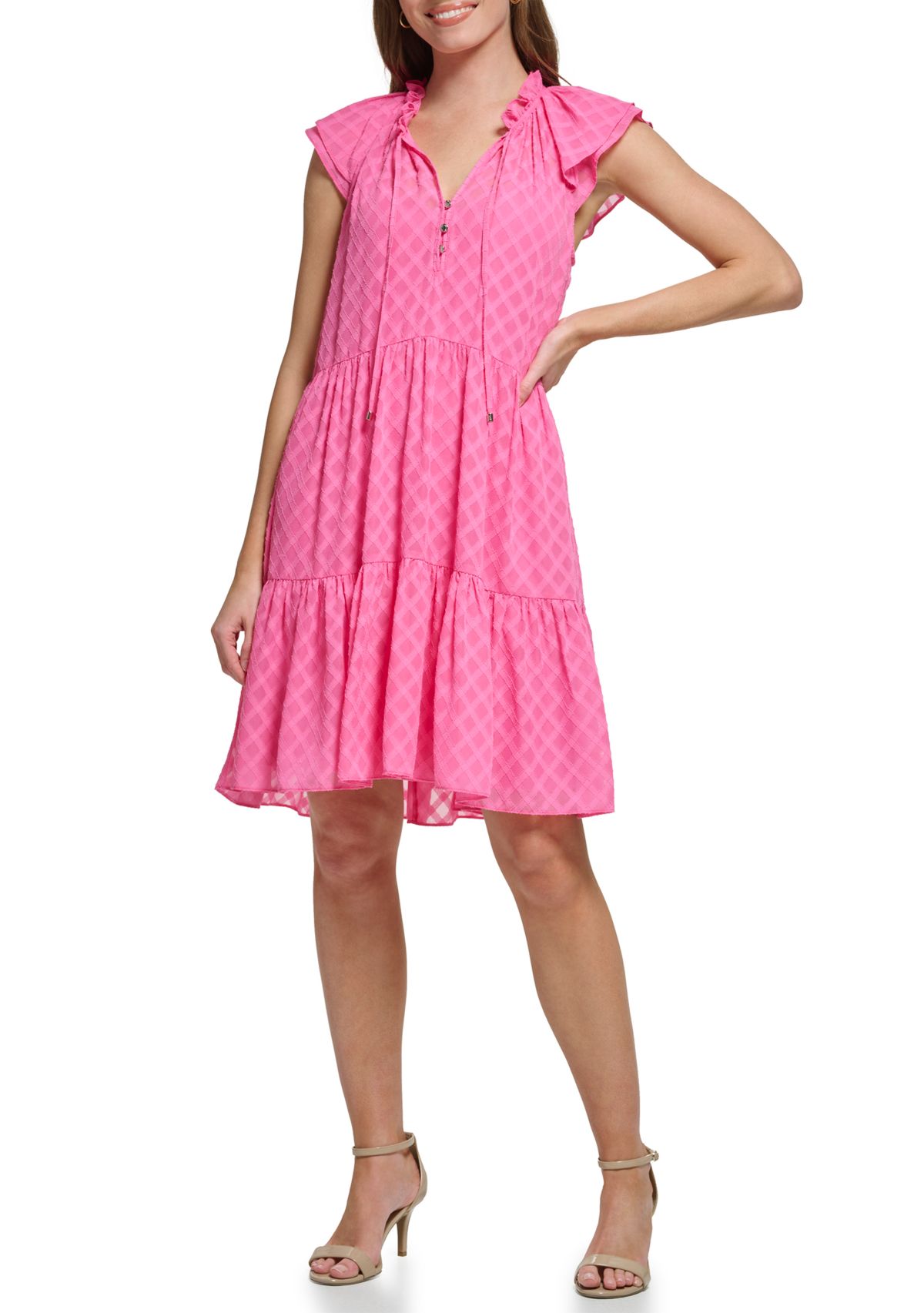 Womens Short Sleeve Ruffle Neck Tiered Chiffon A-Line Dress