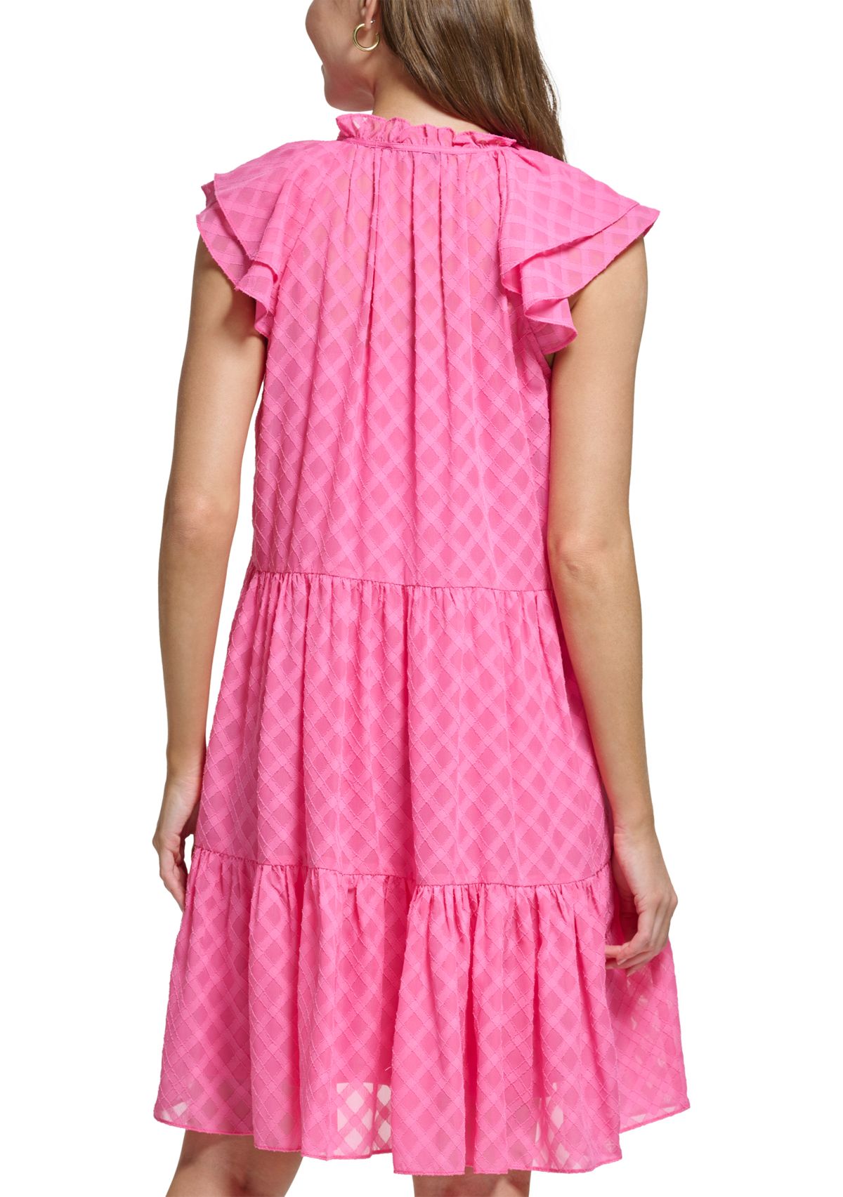 Womens Short Sleeve Ruffle Neck Tiered Chiffon A-Line Dress