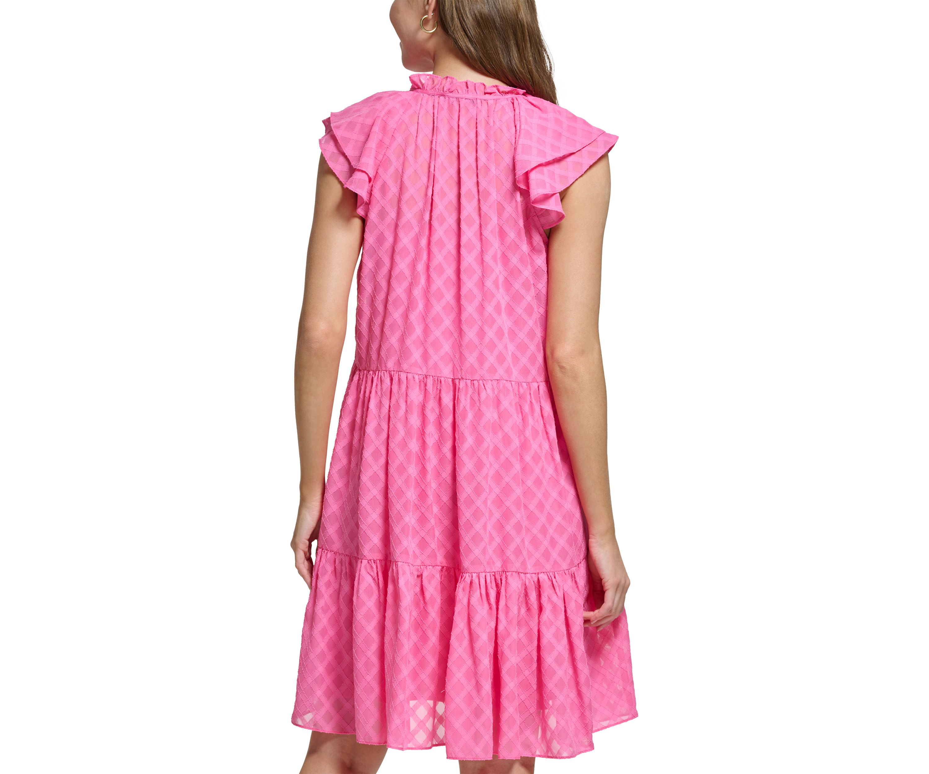 Womens Short Sleeve Ruffle Neck Tiered Chiffon A-Line Dress