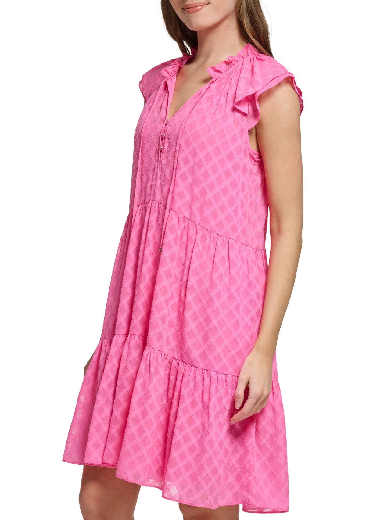 Womens Short Sleeve Ruffle Neck Tiered Chiffon A-Line Dress