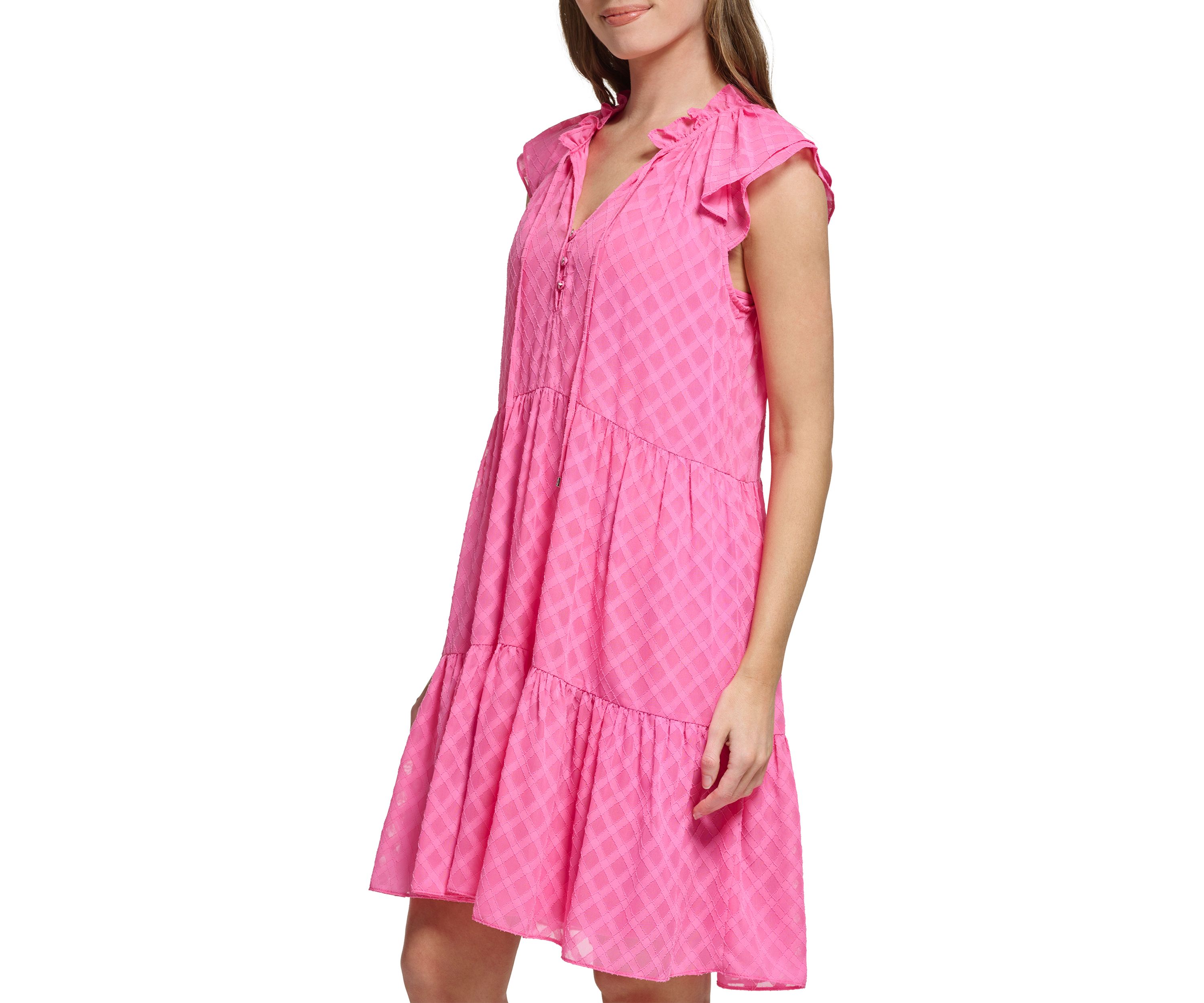 Womens Short Sleeve Ruffle Neck Tiered Chiffon A-Line Dress