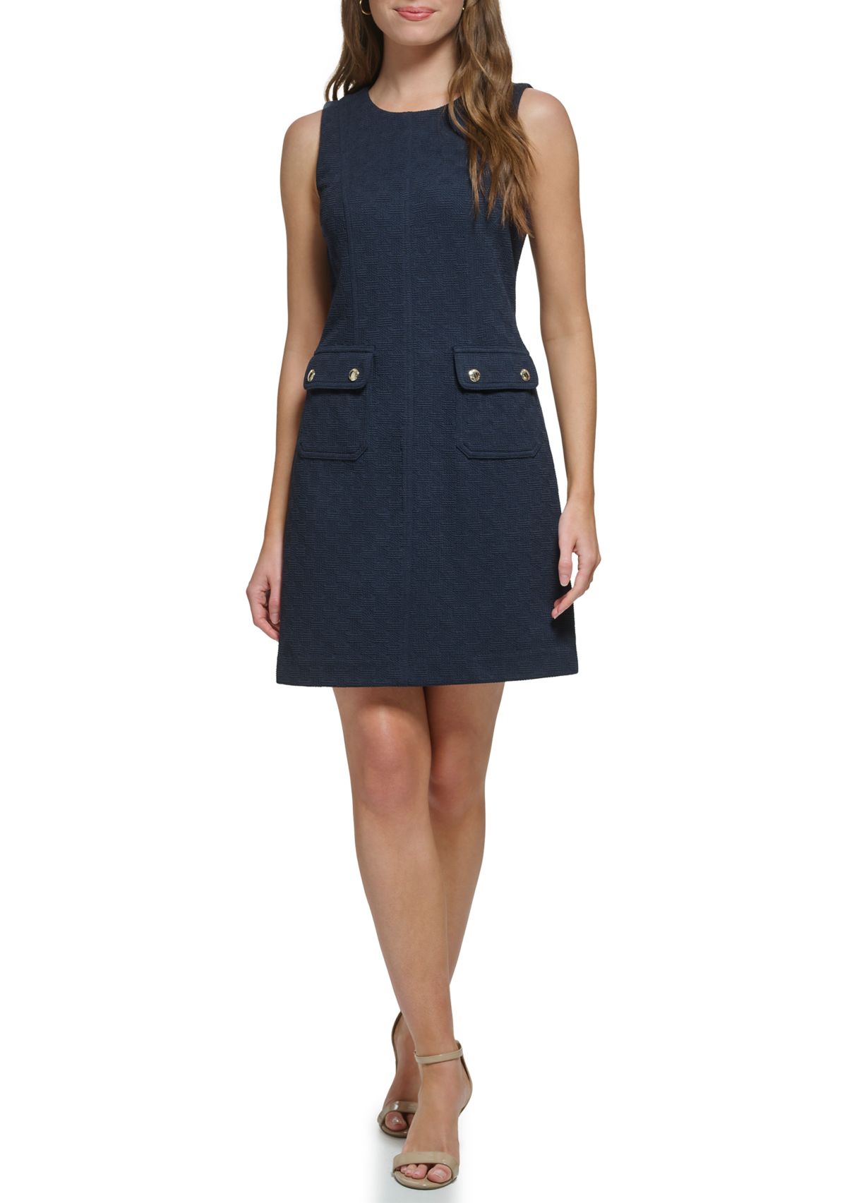 Womens Sleeveless Boat Neck Pocket Texture Sheath Dress