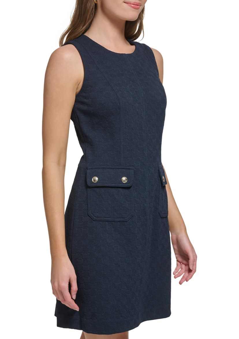 Womens Sleeveless Boat Neck Pocket Texture Sheath Dress