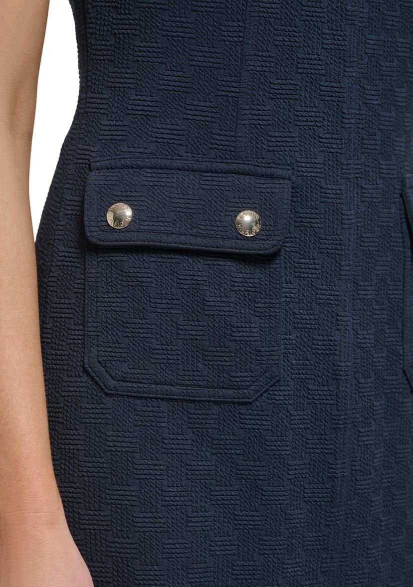 Womens Sleeveless Boat Neck Pocket Texture Sheath Dress