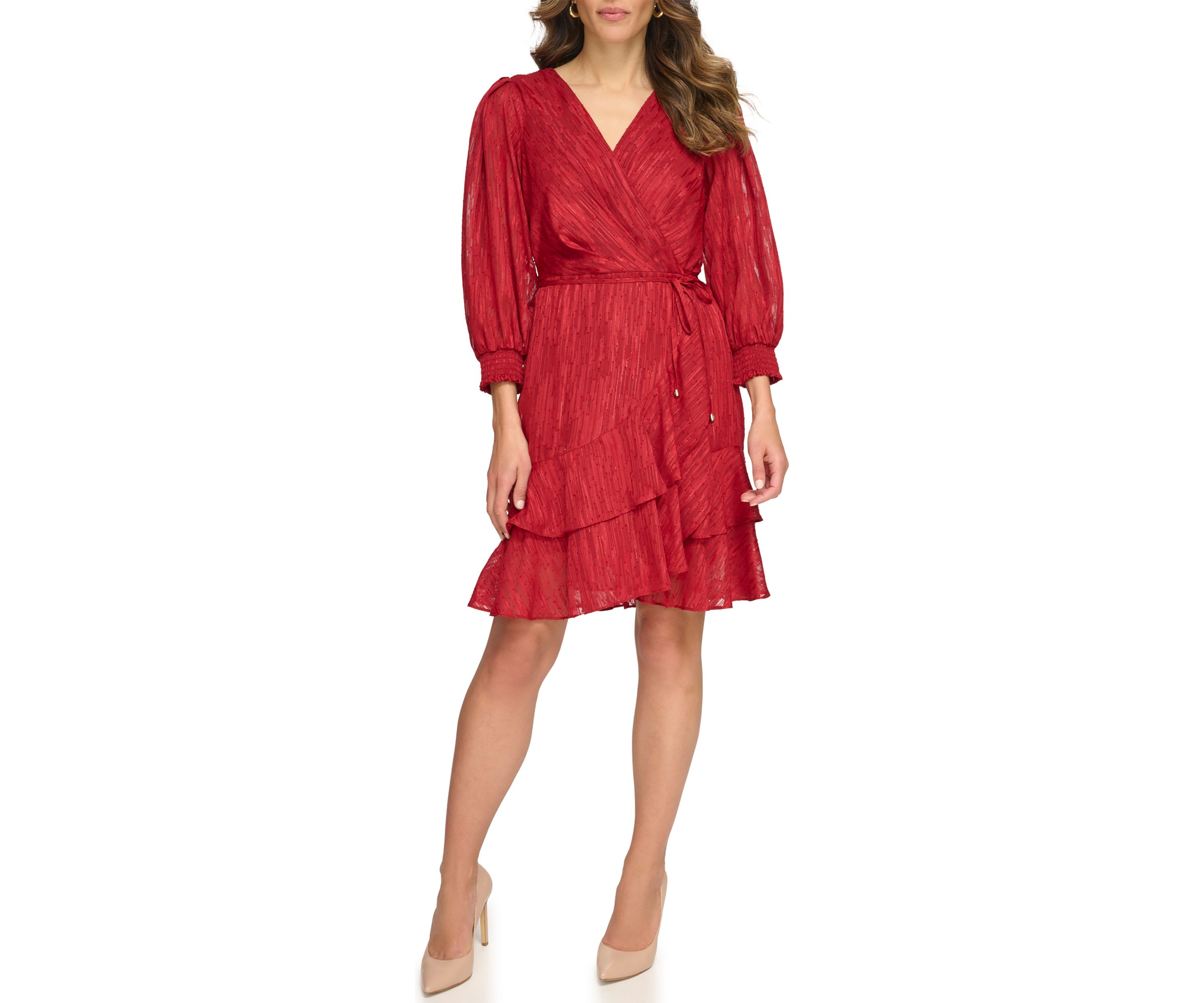 Womens Blouson Sleeve Ruffle Hem Fit and Flare Dress