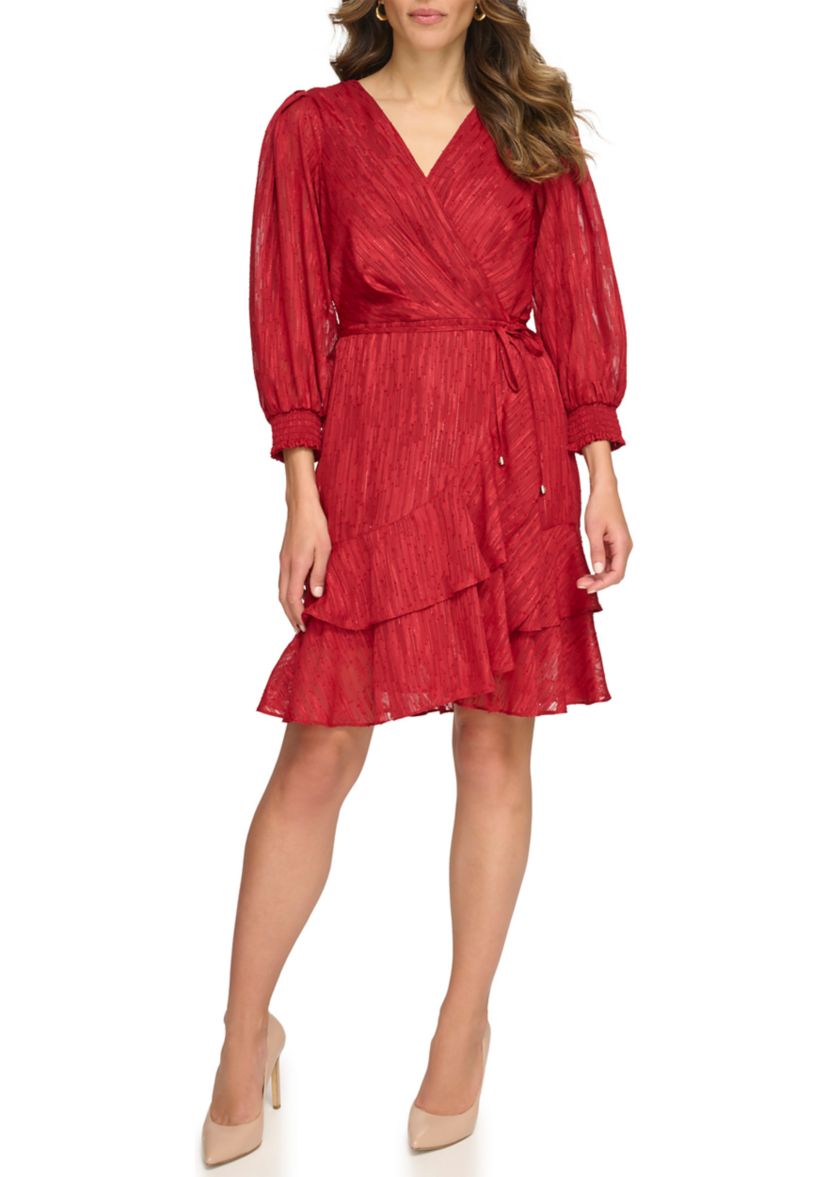 Womens Blouson Sleeve Ruffle Hem Fit and Flare Dress