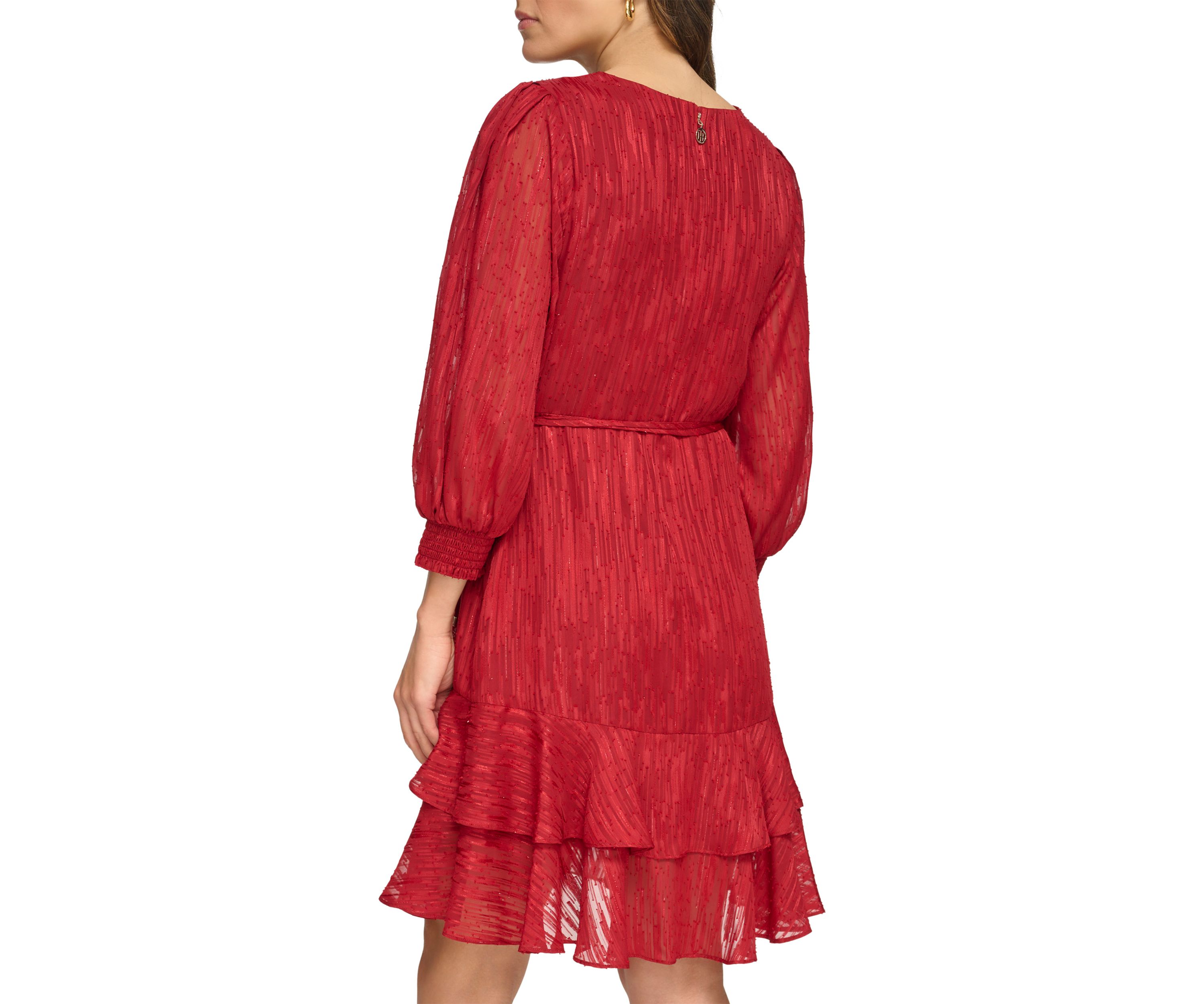 Womens Blouson Sleeve Ruffle Hem Fit and Flare Dress