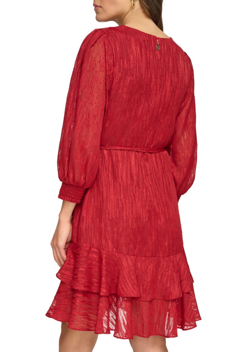 Womens Blouson Sleeve Ruffle Hem Fit and Flare Dress
