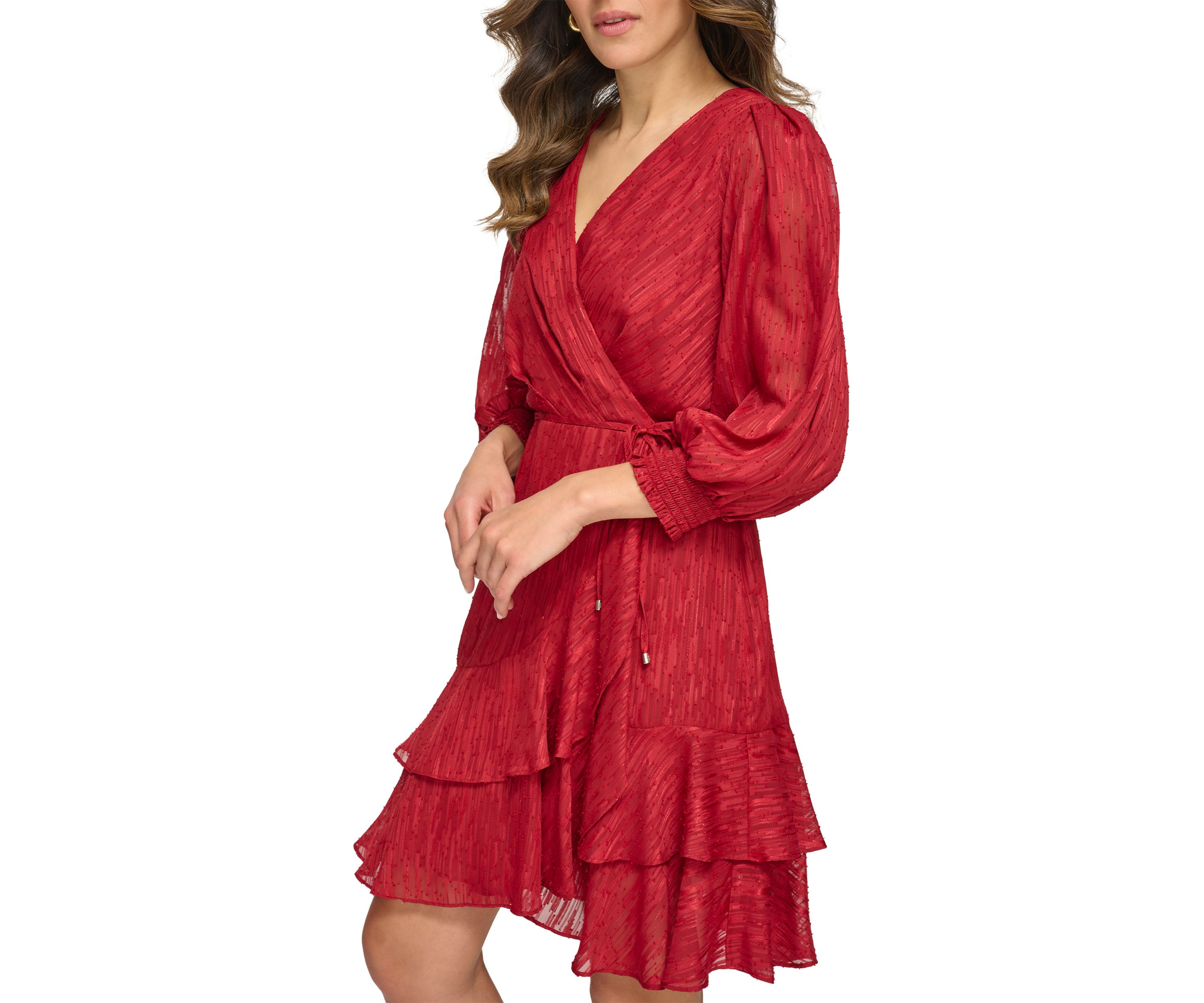 Womens Blouson Sleeve Ruffle Hem Fit and Flare Dress