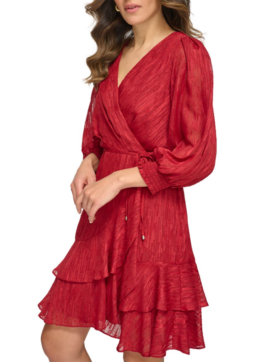 Womens Blouson Sleeve Ruffle Hem Fit and Flare Dress