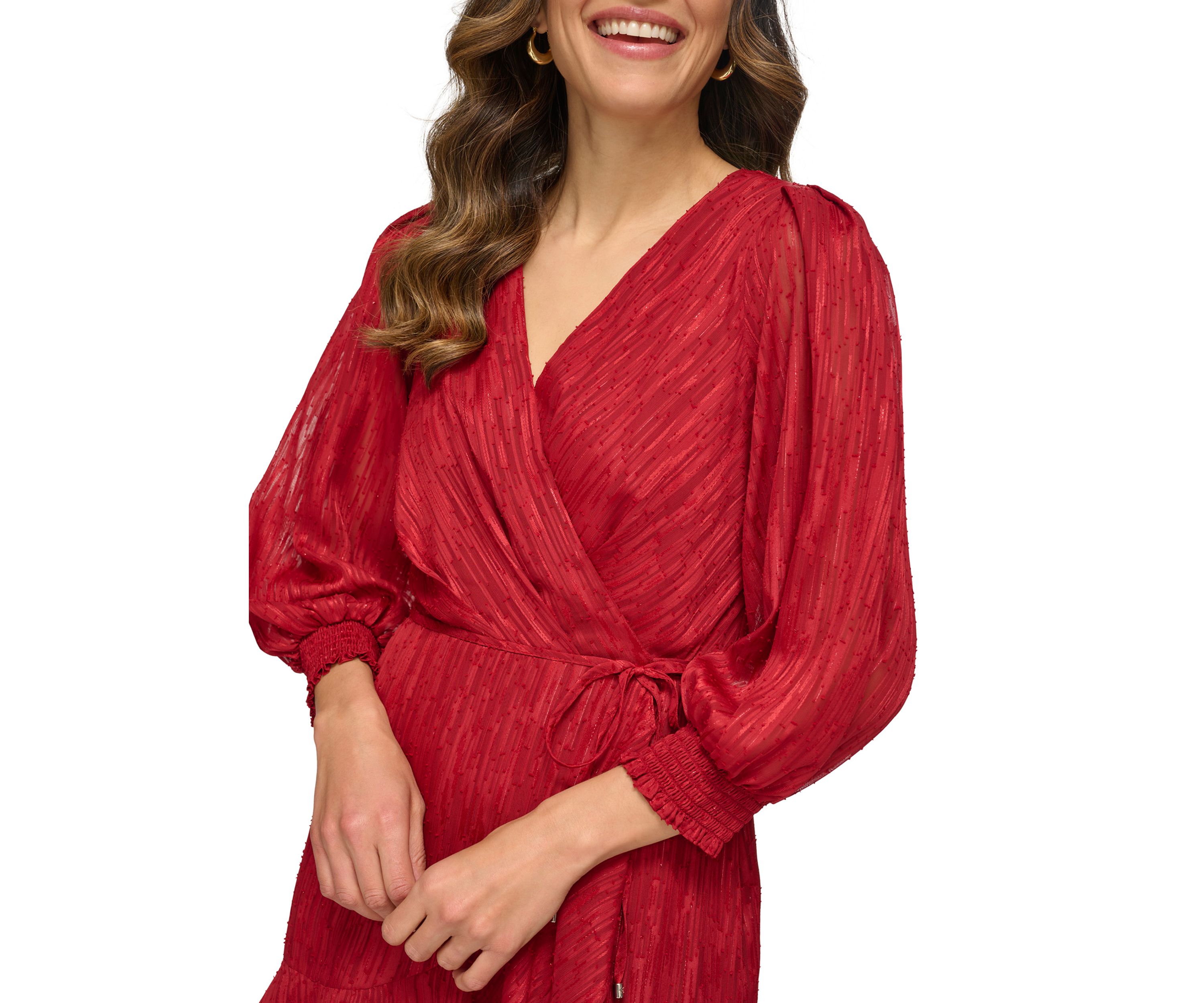 Womens Blouson Sleeve Ruffle Hem Fit and Flare Dress