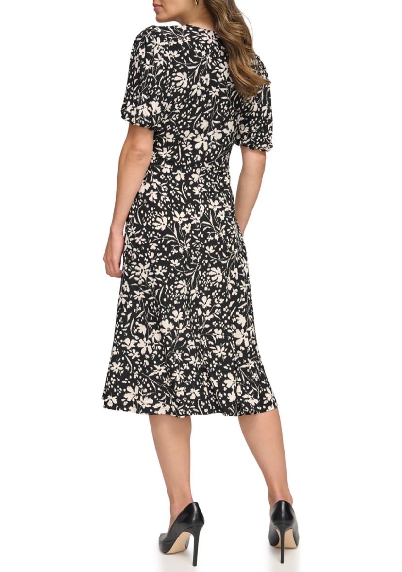 Womens Puff Sleeve V-Neck Floral Fit and Flare Dress