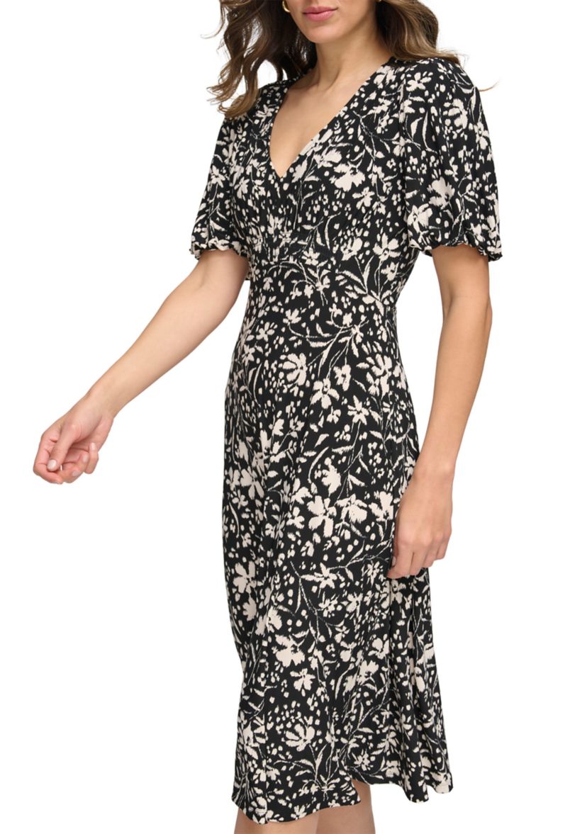 Womens Puff Sleeve V-Neck Floral Fit and Flare Dress